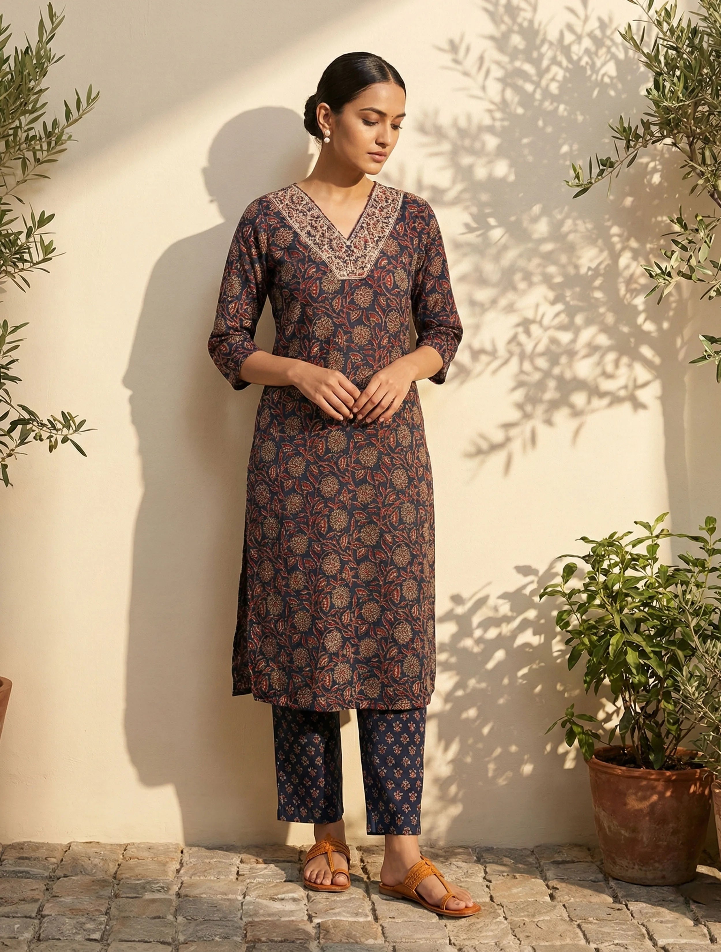 trueBrowns Blue Floral Print Embroidered V-Neck Kurta Pant Dupatta Set