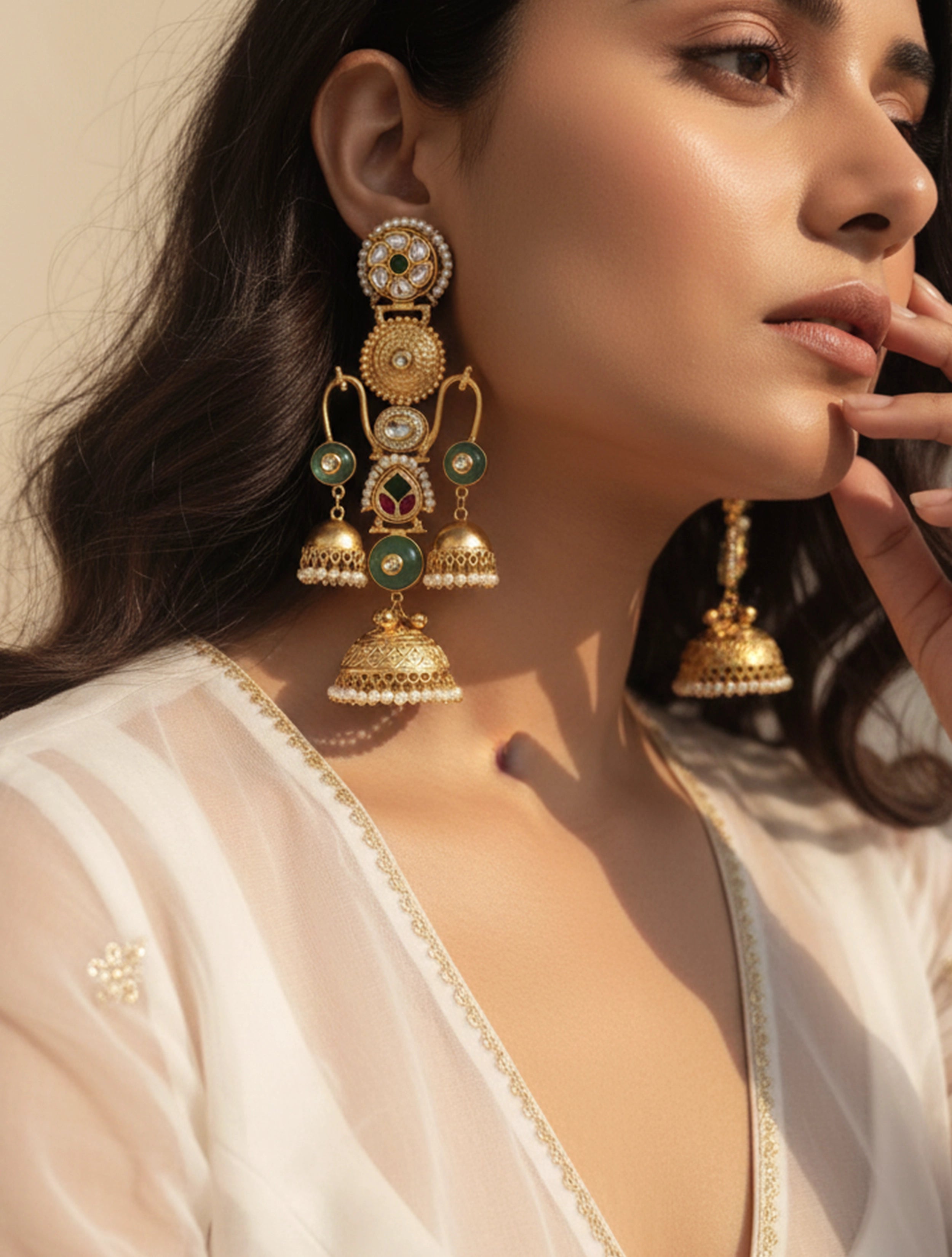 trueBrowns Kashmiri Green Kundan Pearl Earrings