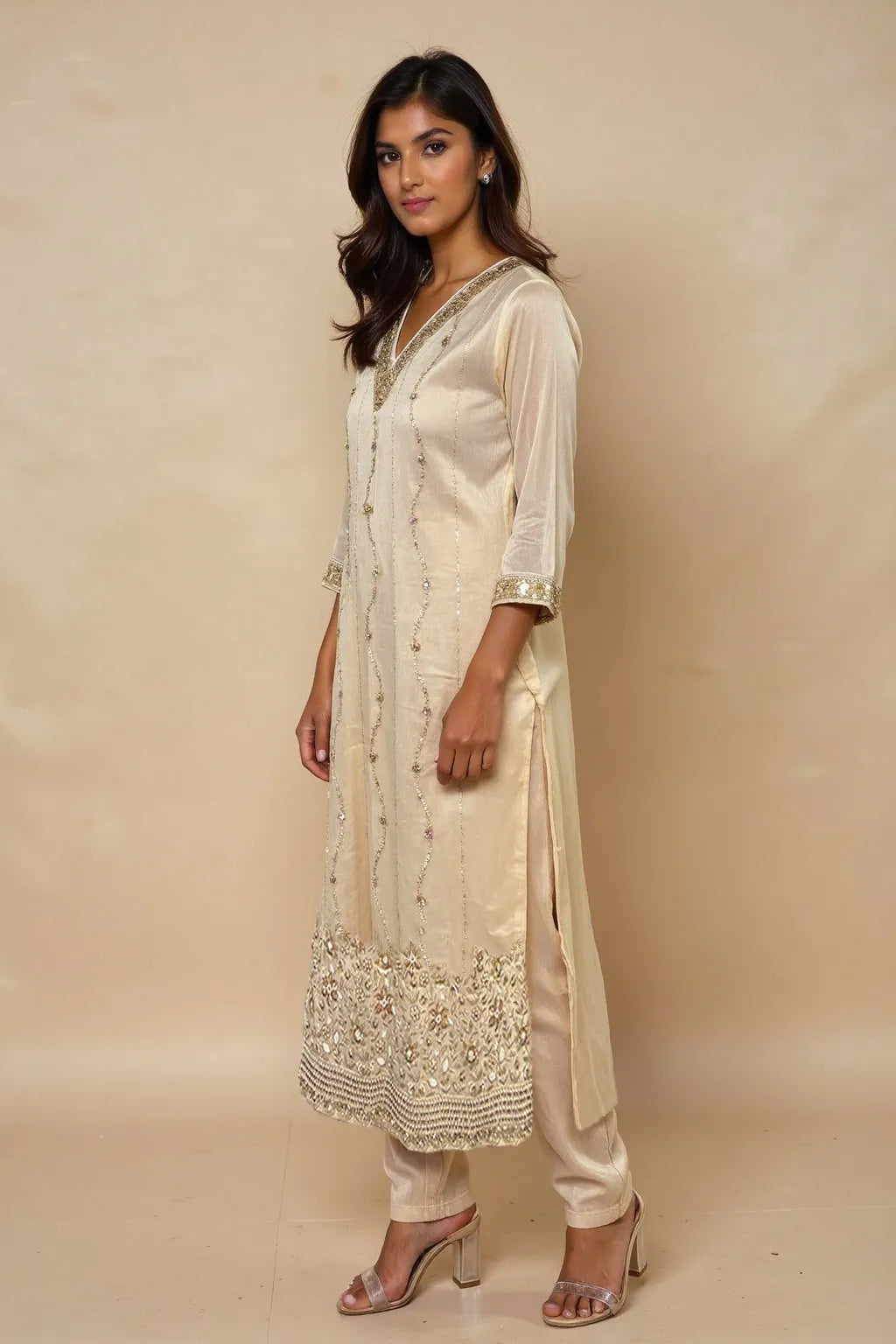 trueBrowns Ivory Zari Embroidered Straight Kurta Pant Dupatta Set