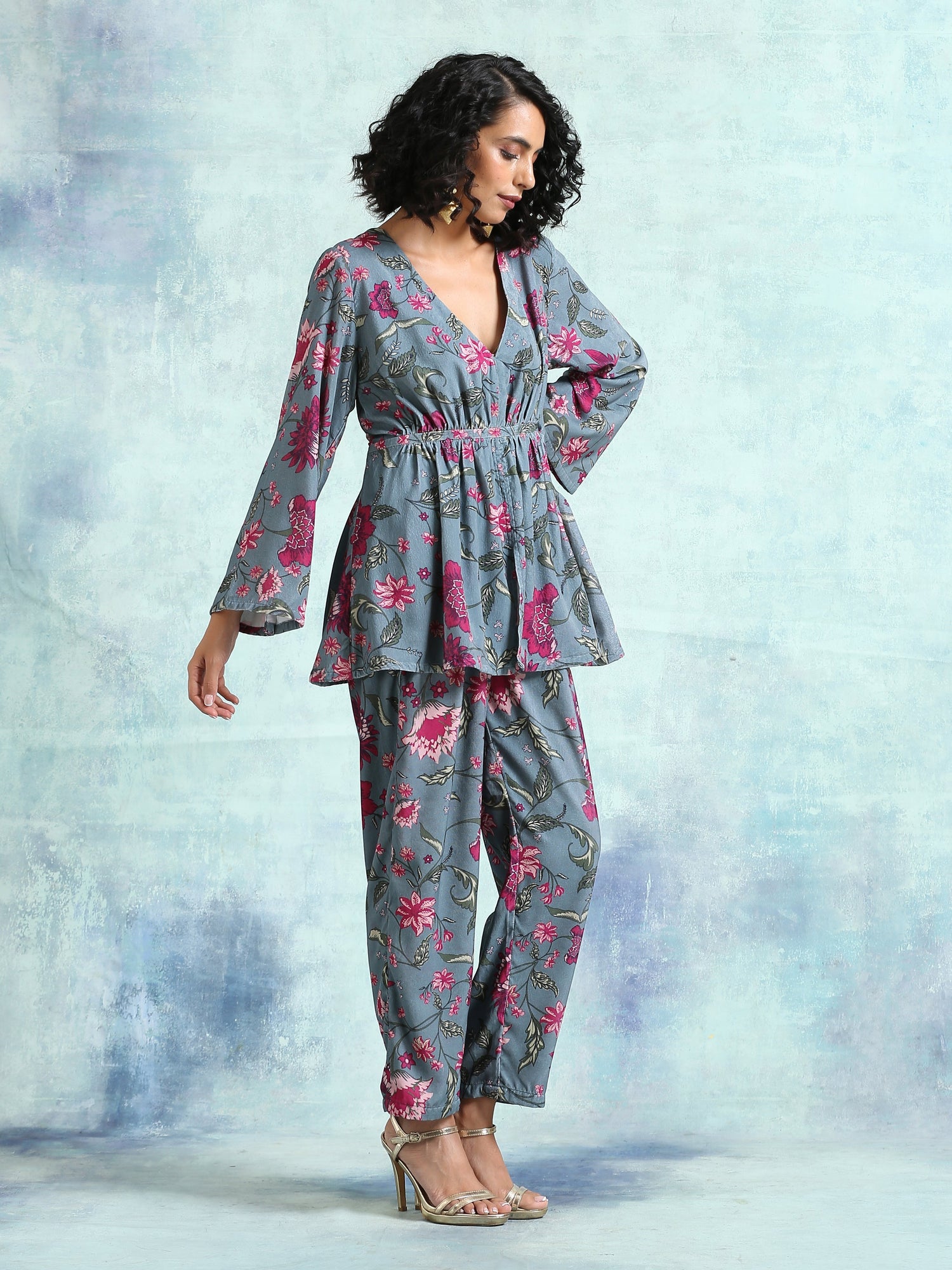 Grey Printed Velvet Co-Ord Set