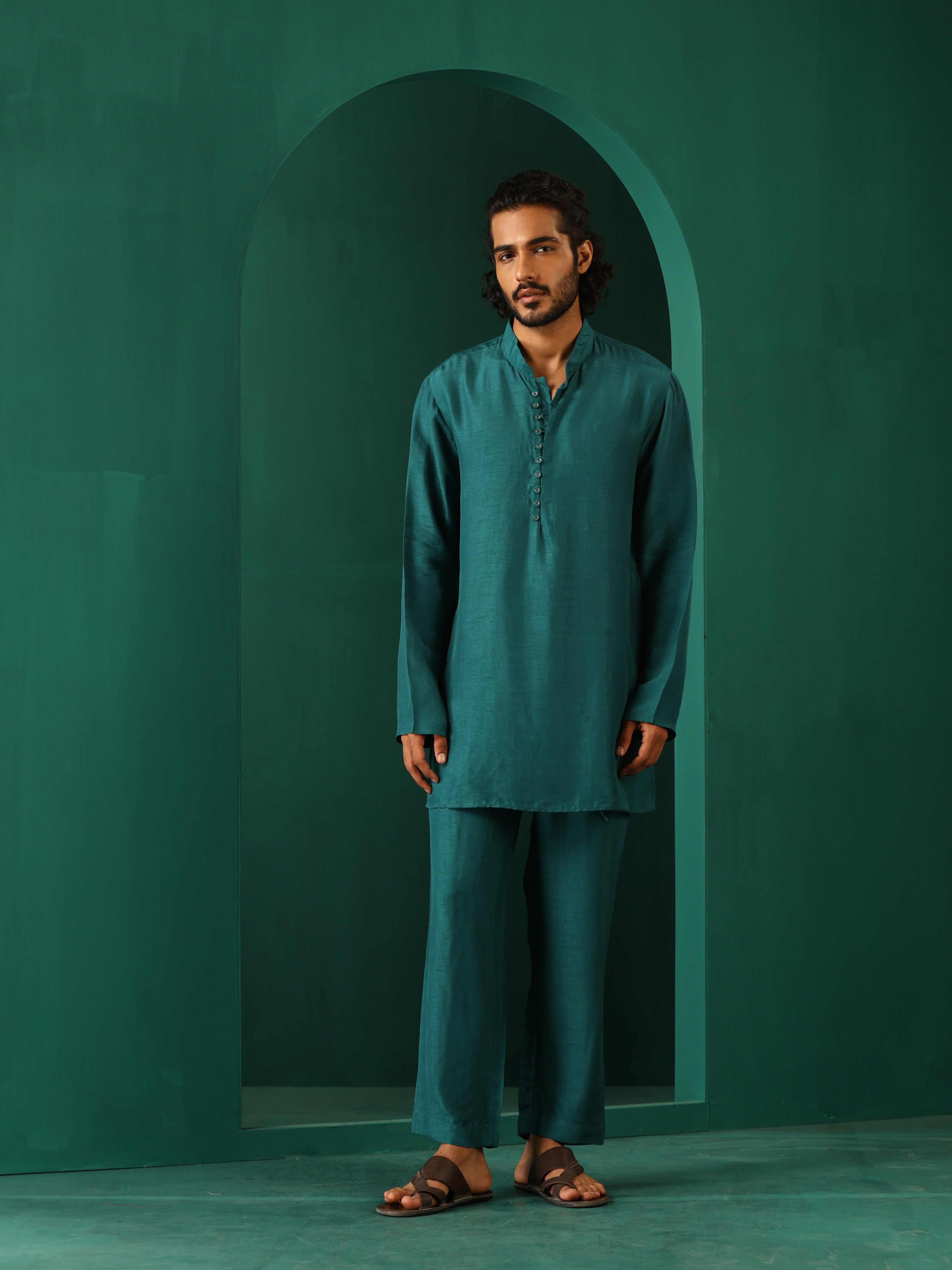 trueBrowns Men Teal Silk Co-ord Set