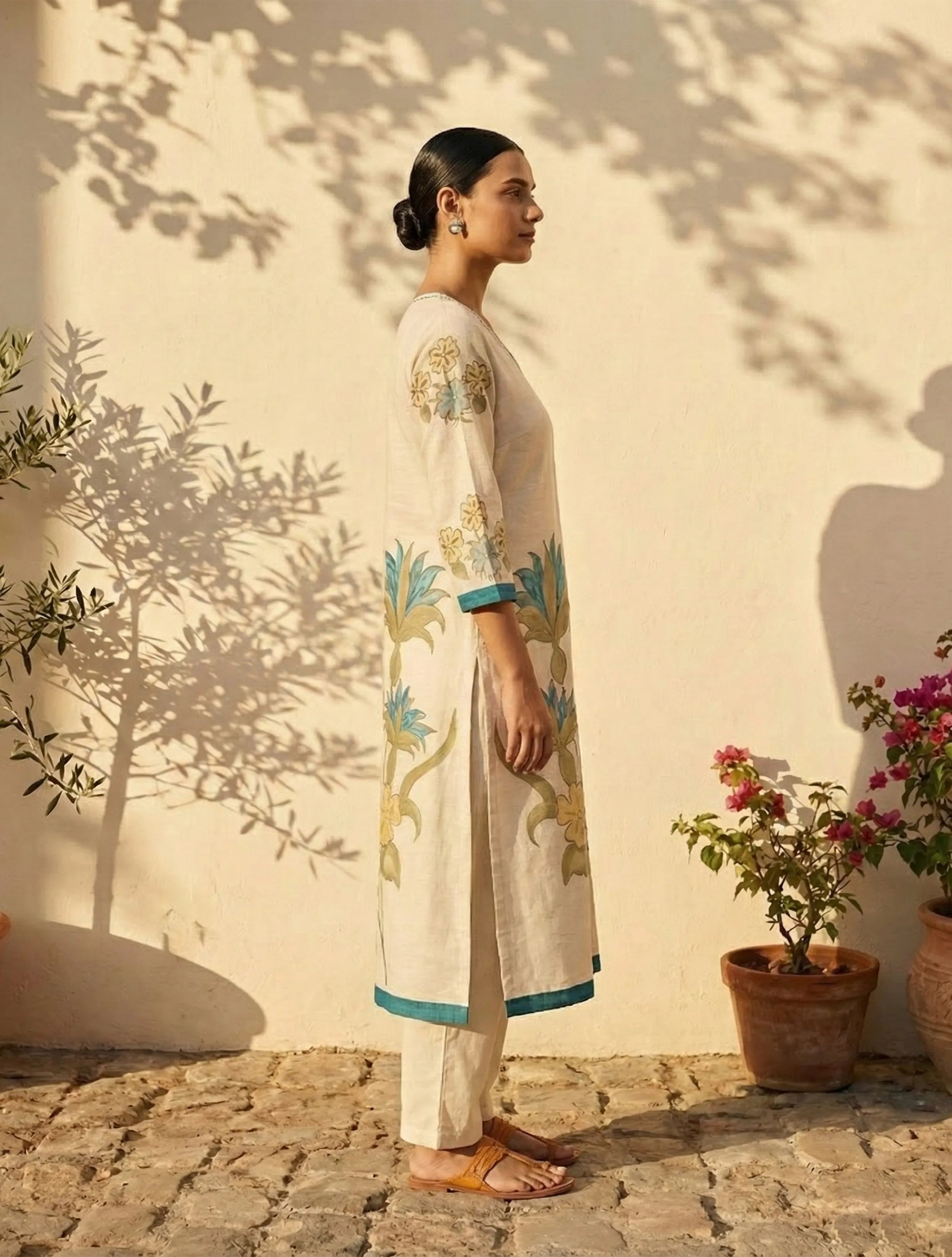 trueBrowns Ivory Blue Floral Print V-Neck Kurta Pant Set