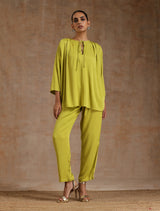 Lime Modal Satin Shoulder Pleat Co-Ord Set
