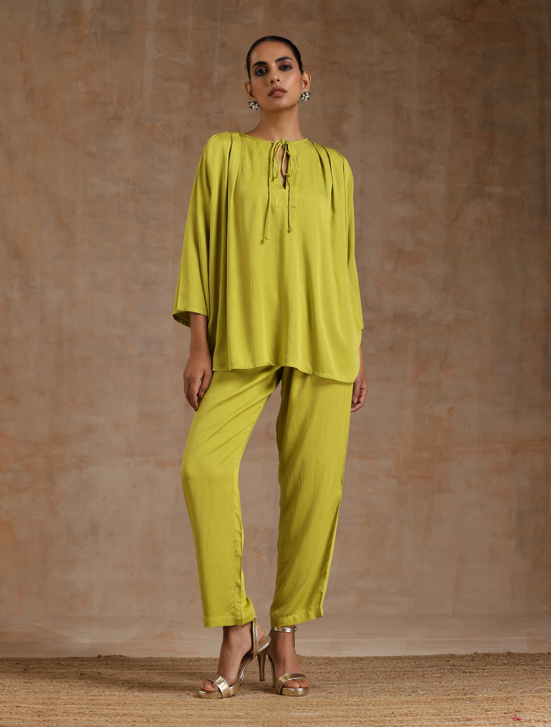 Lime Modal Satin Shoulder Pleat Co-Ord Set