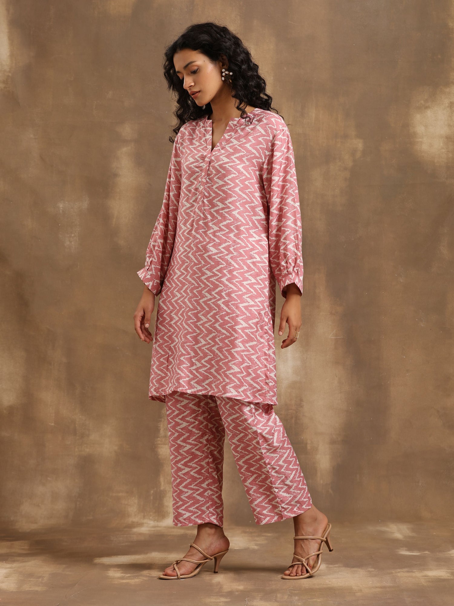 Light Mauve Zig-Zag Printed Silk Co-Ord Set