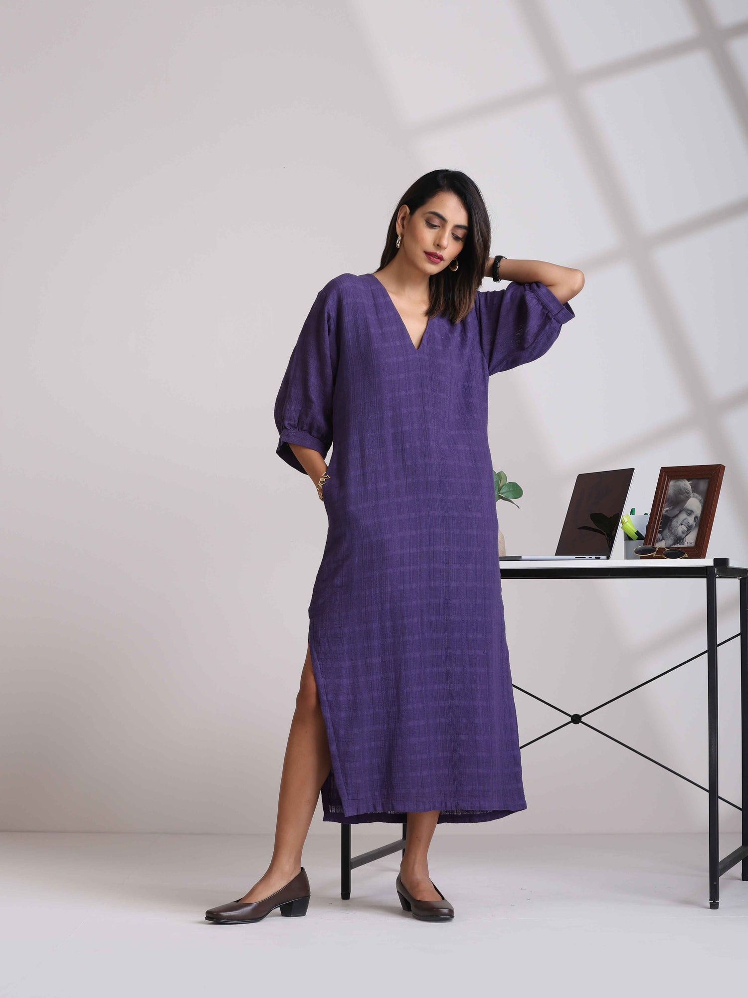 trueBrowns Purple Cotton Dobby Slit Dress