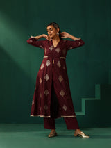 trueBrowns Wine Geometric Viscose Silk Kurta Pant Set