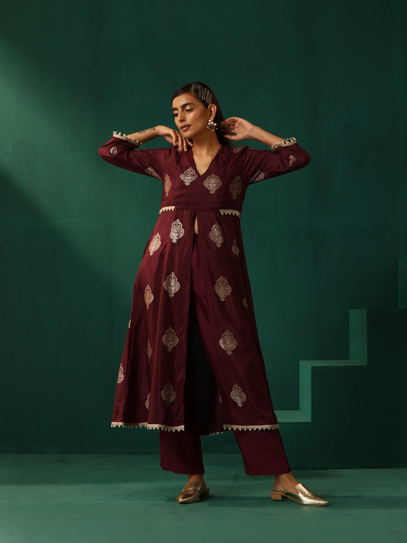 trueBrowns Wine Geometric Viscose Silk Kurta Pant Set