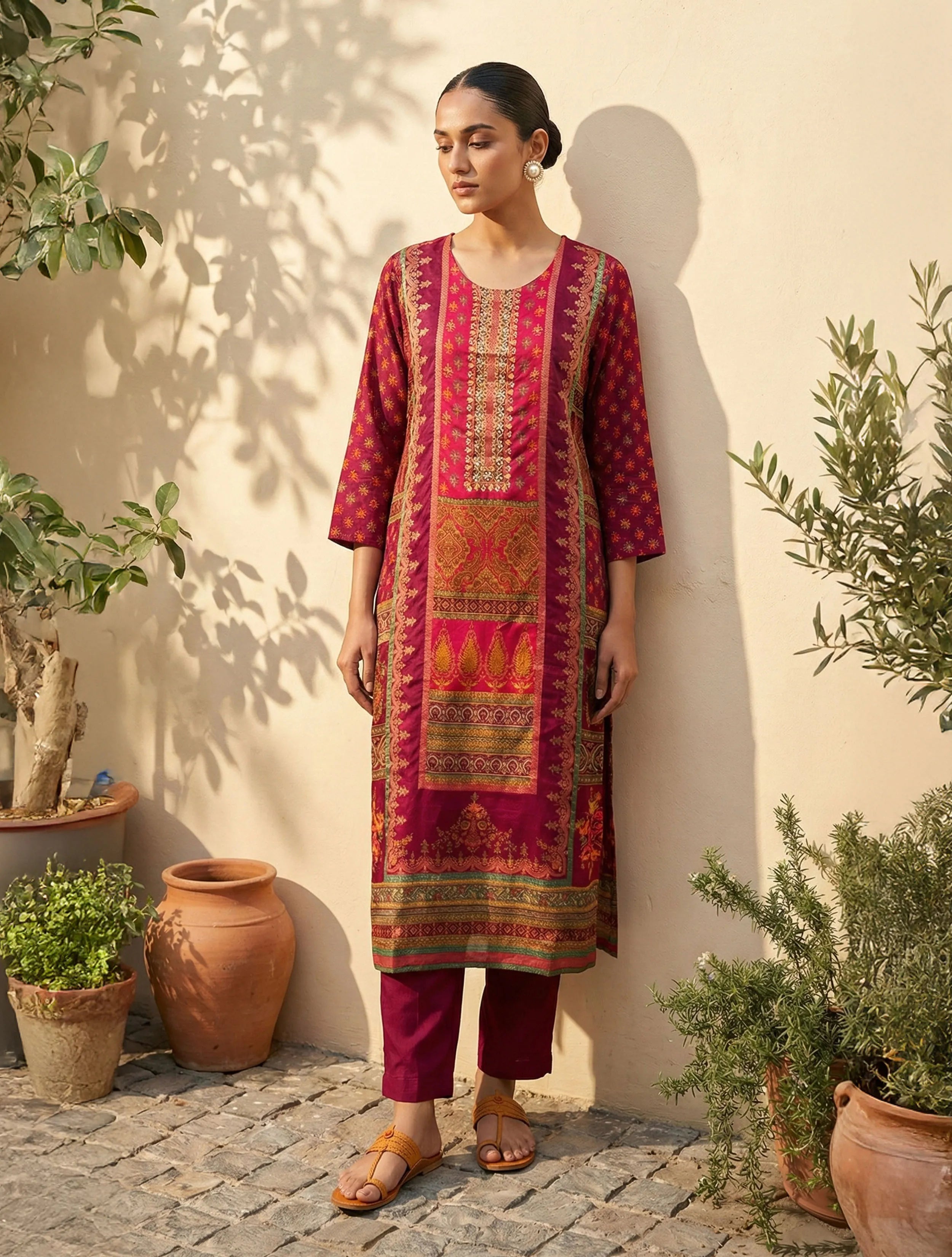 trueBrowns Magenta Print Embroidered Kurta Pant Dupatta Set