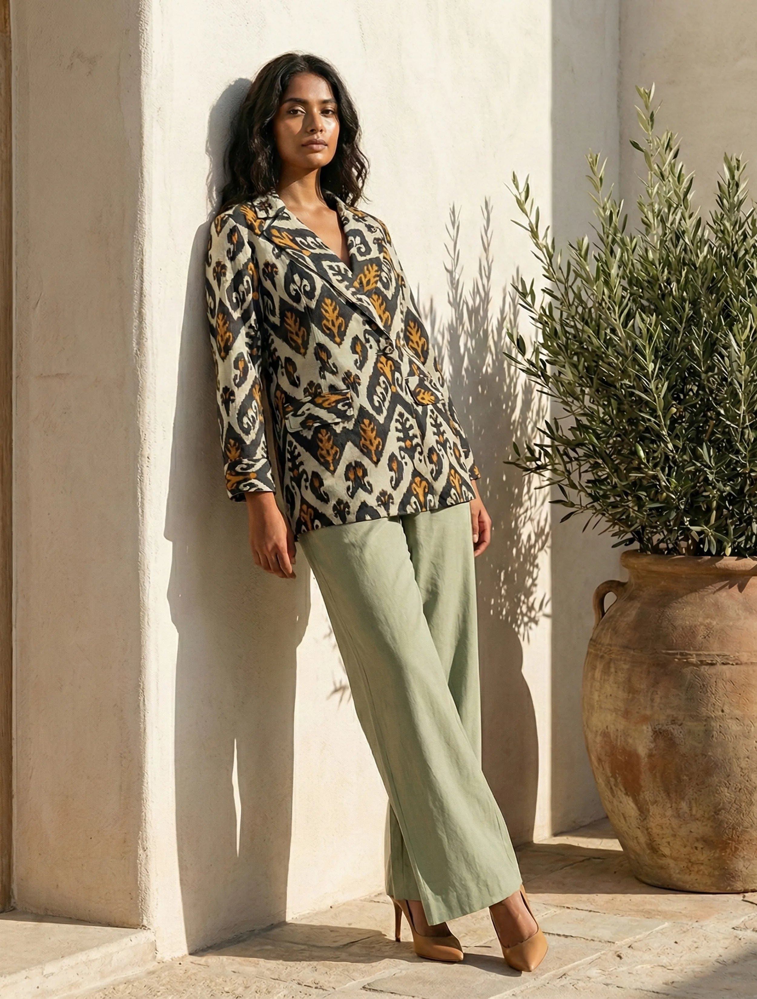 trueBrowns Mint Green Ikat Print Cotton Poplin Blazer Co-Ord Set