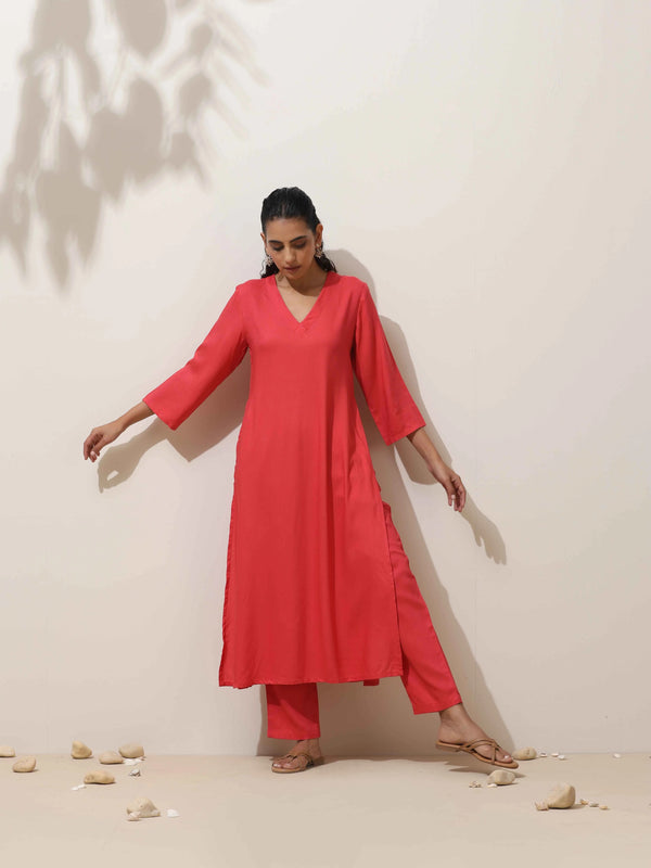 trueBrowns Coral Viscose Solid Kurta Pant Set