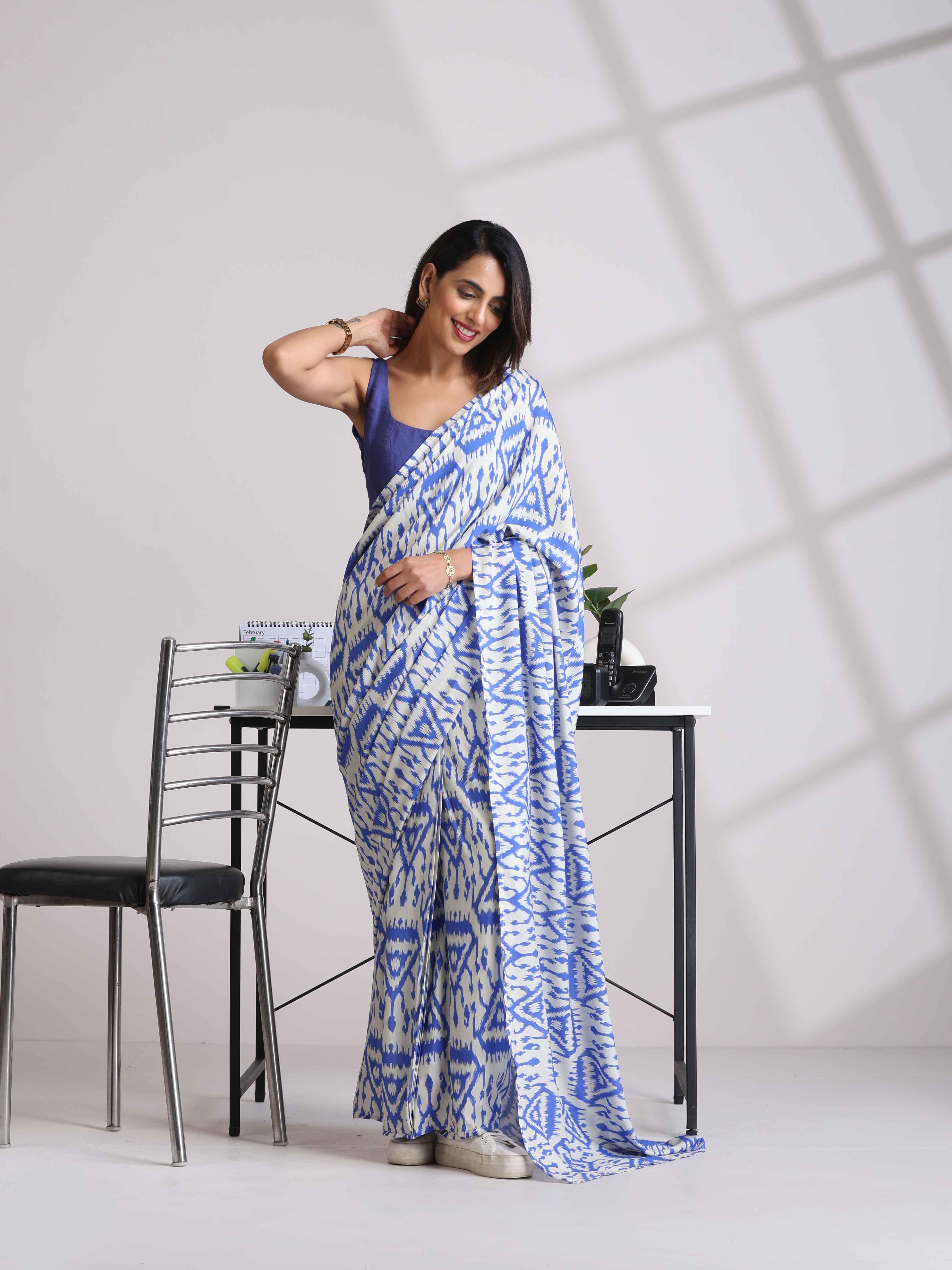 trueBrowns Blue Muslin Ikat Saree