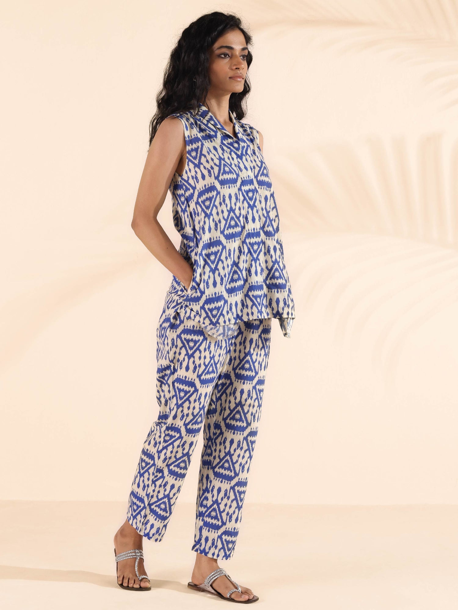 trueBrowns Blue Cotton Ikat Sleeveless Co-ord Set