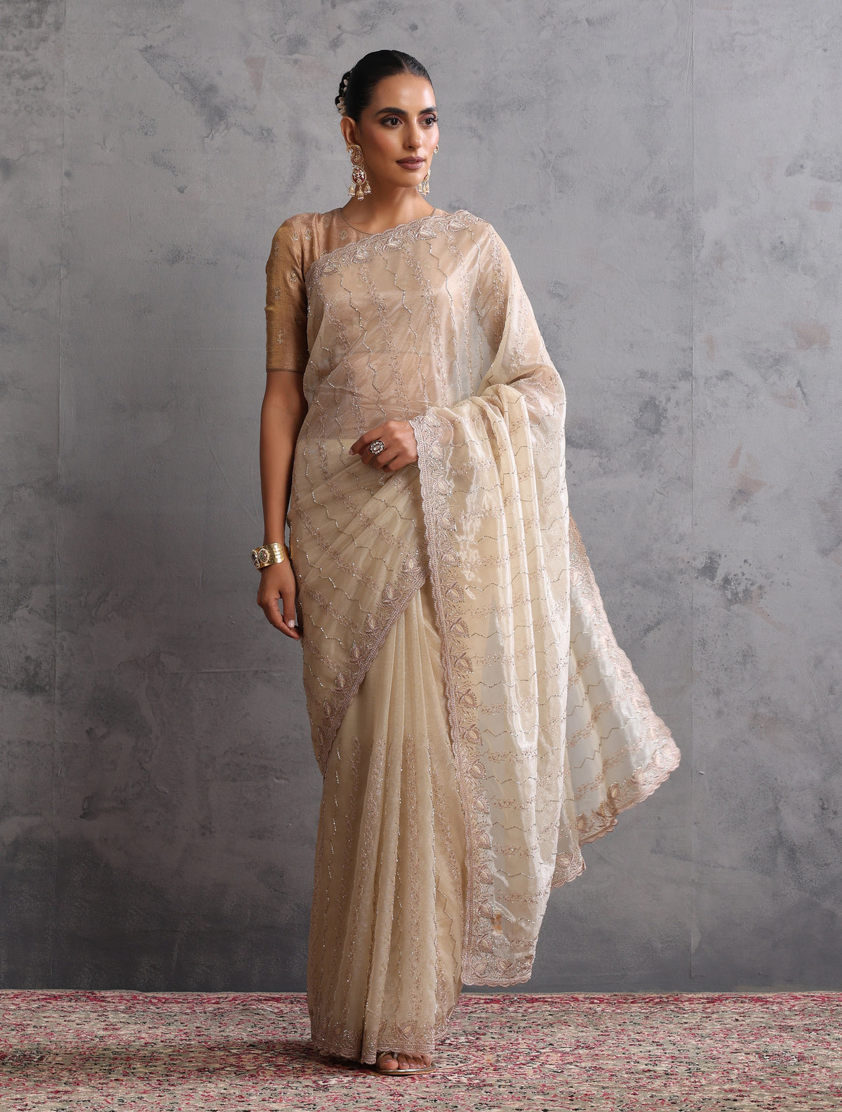 trueBrowns Ivory Gold Sequins Embroidered Net Saree With Unstitched Blouse