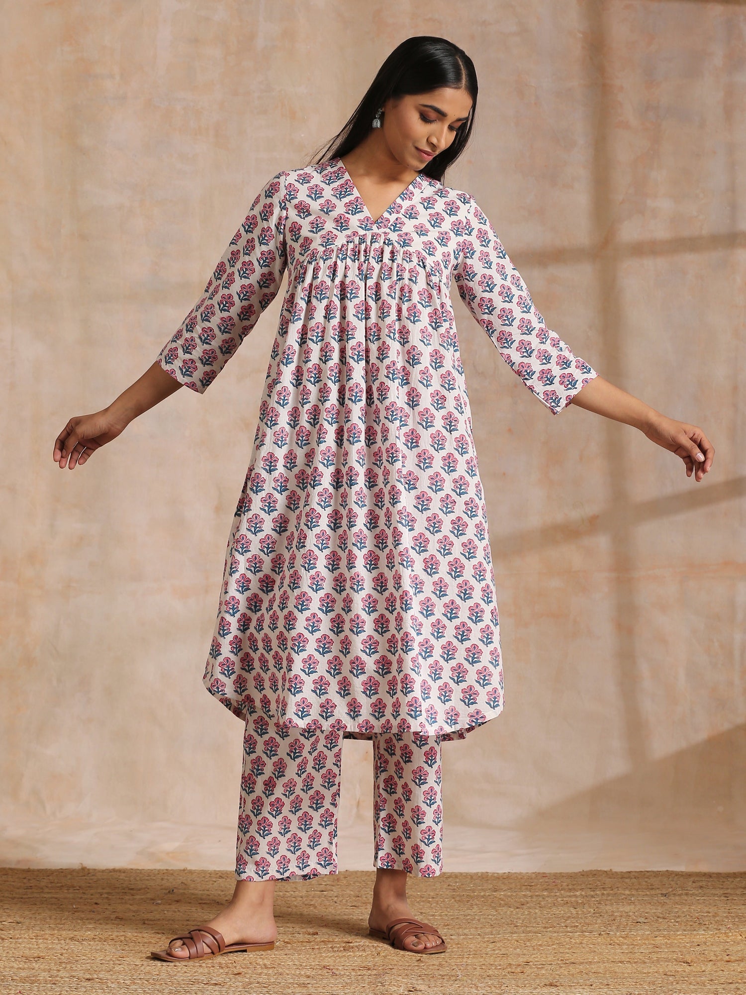White With Pink Blue Floral Block Print Cotton Flared Slit Kurta Pant Set