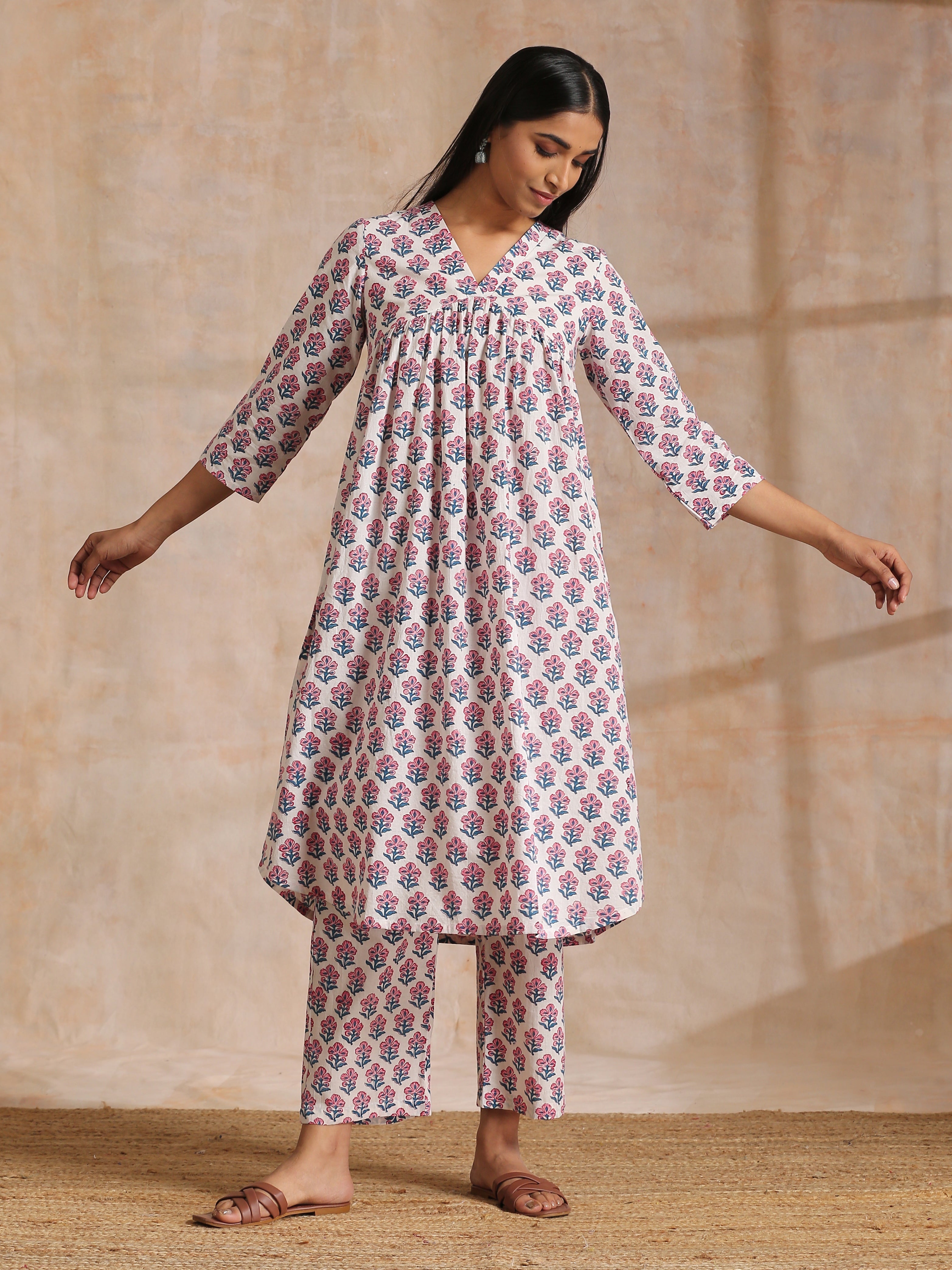 White With Pink Blue Floral Block Print Cotton Flared Slit Kurta Pant Set