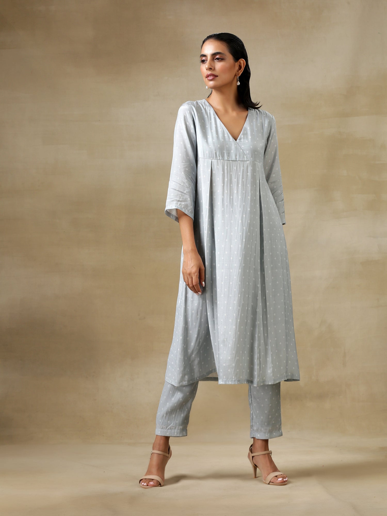 Grey Bandhani Printed Silk Yoke Kurta Pant Set