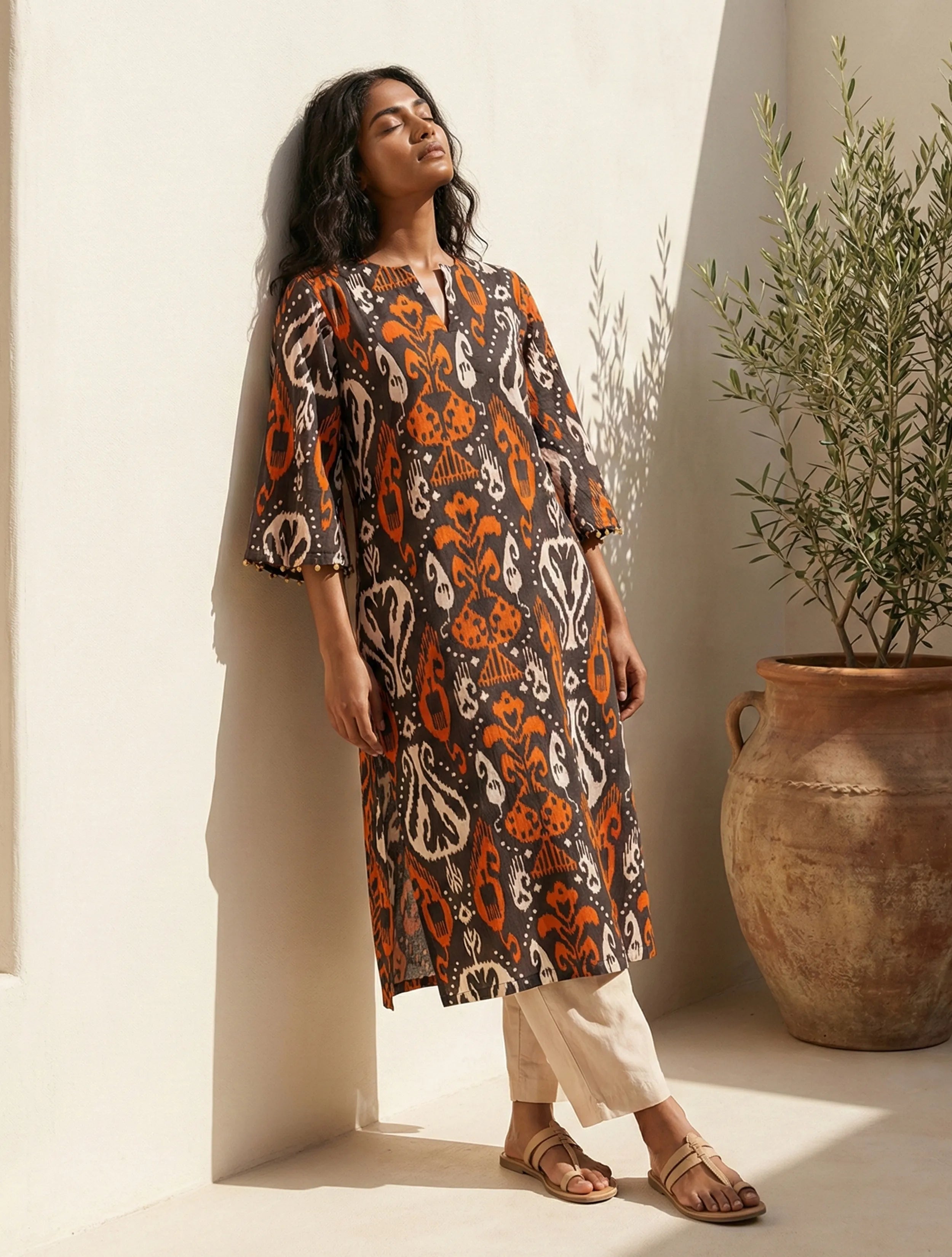 trueBrowns Cola Orange Ikat Print Cotton High-Slit Kurta Set