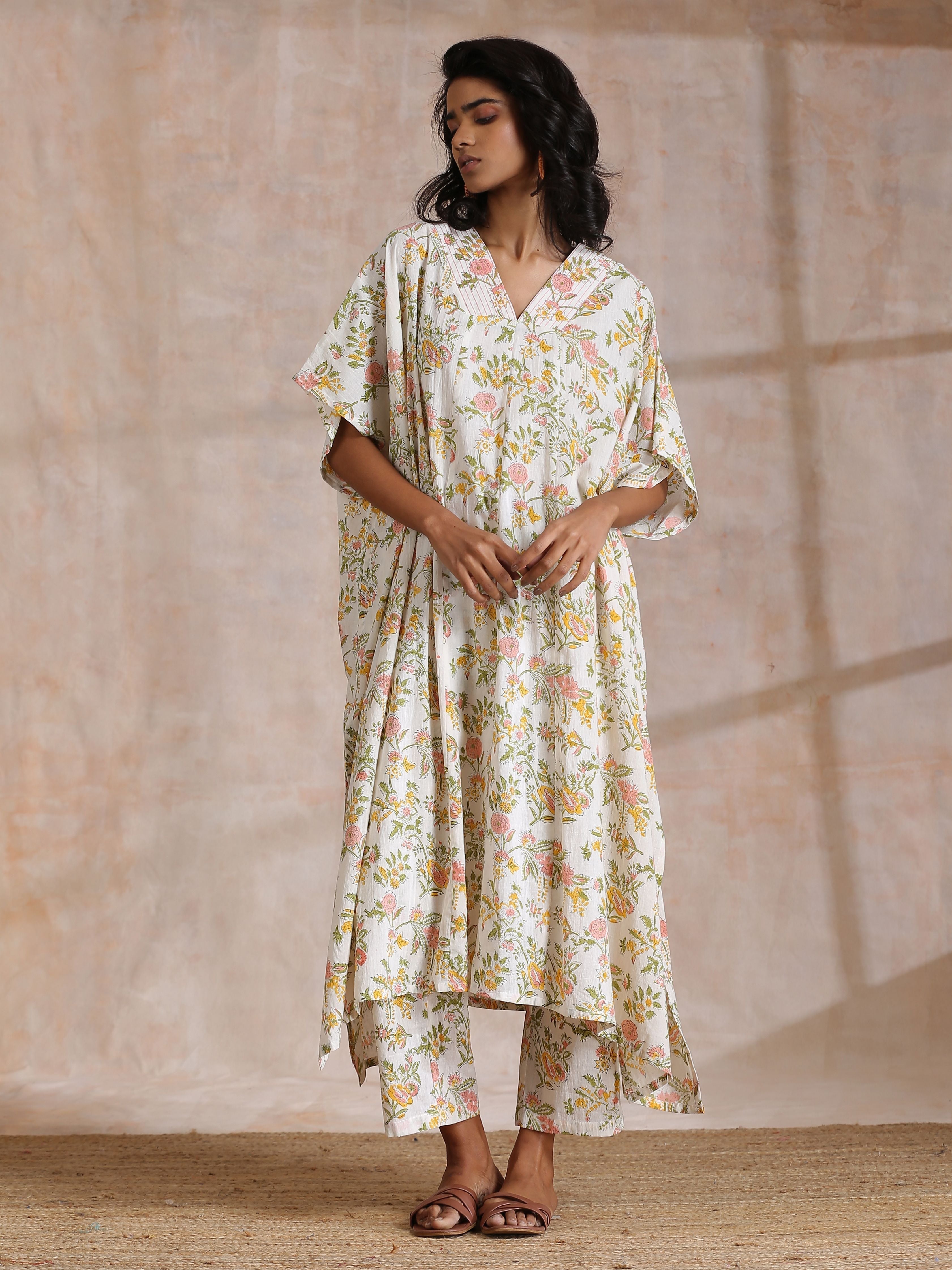 Pink Yellow Floral On White Block Print Cotton Panel Kaftan Kurta Pant Set