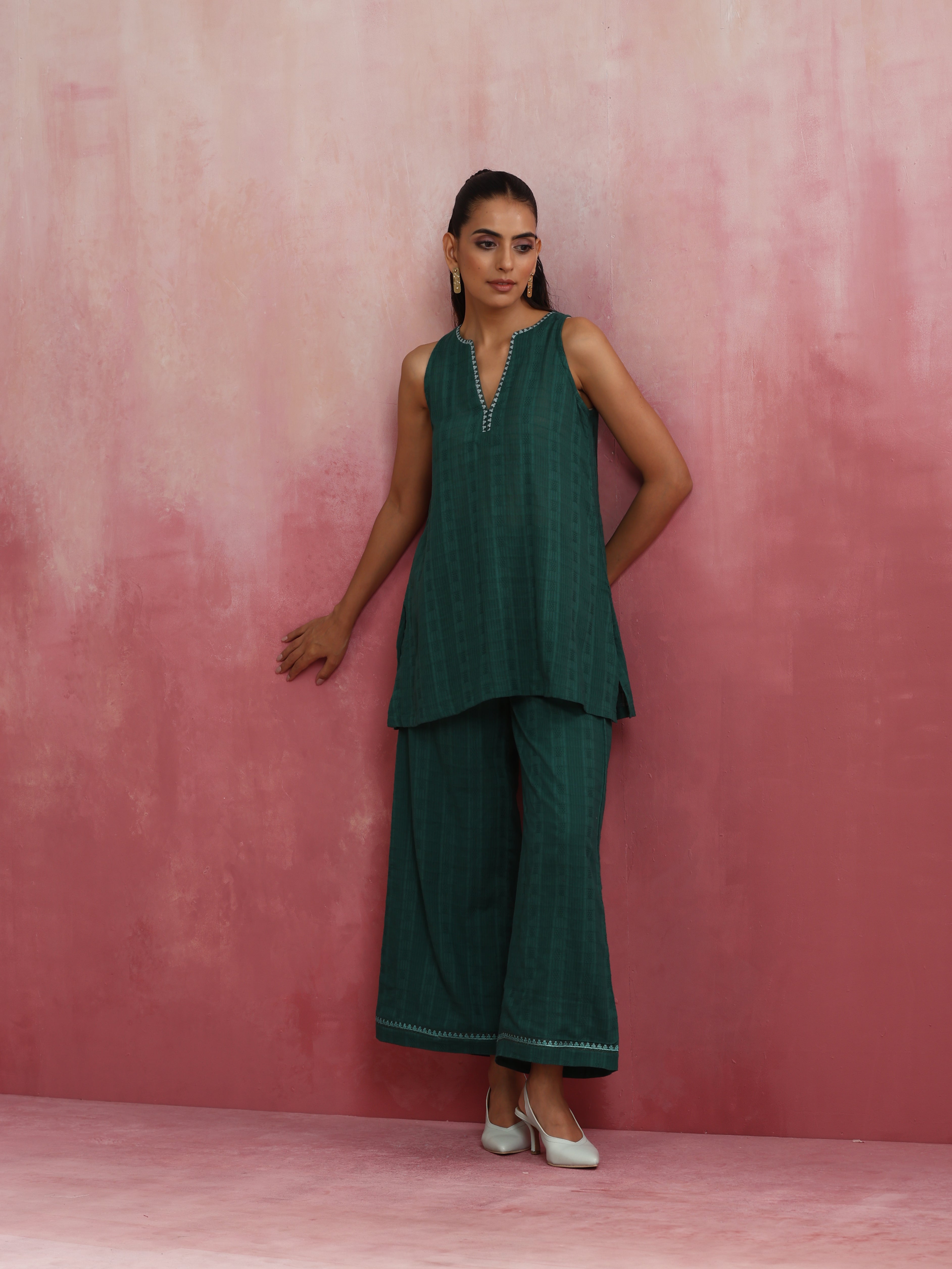trueBrowns Dark Green Cotton Dobby Co-ord set