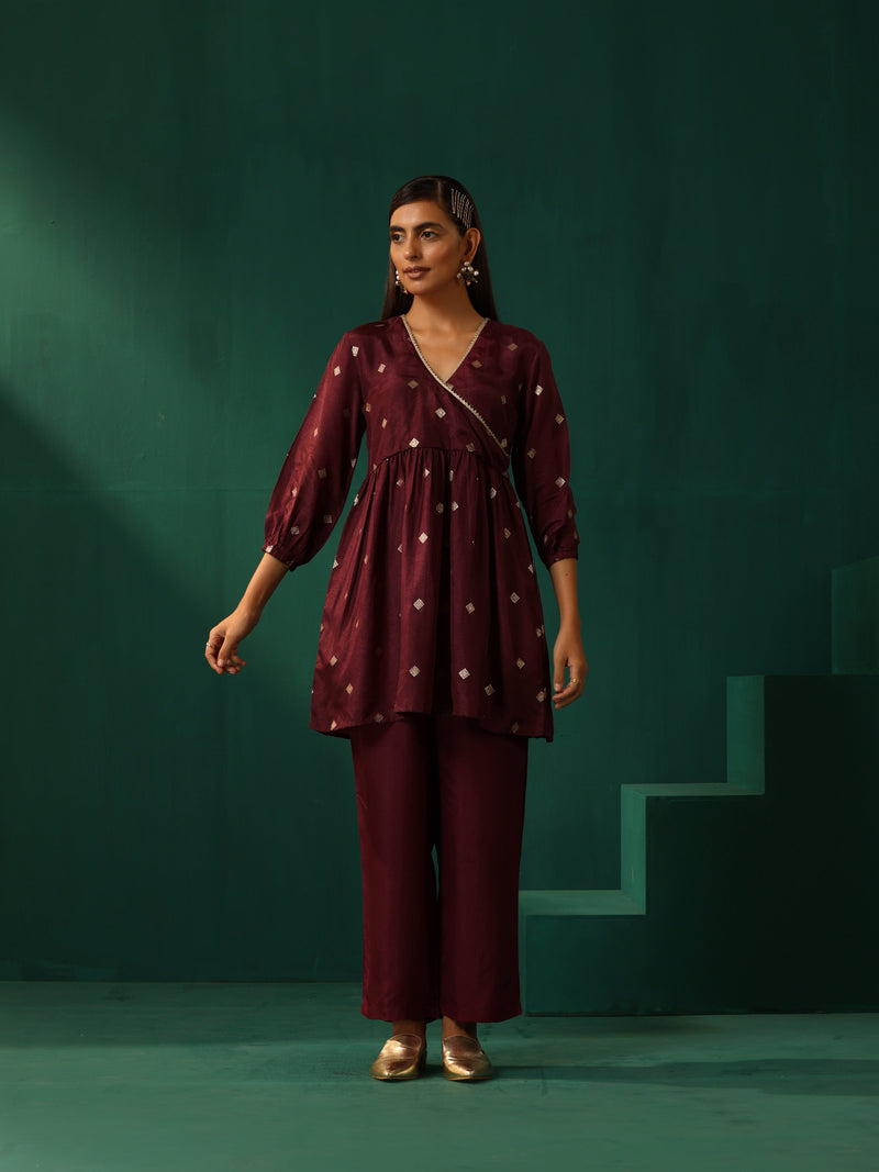 trueBrowns Wine Diamond Viscose Silk Overlap Co-ord Set