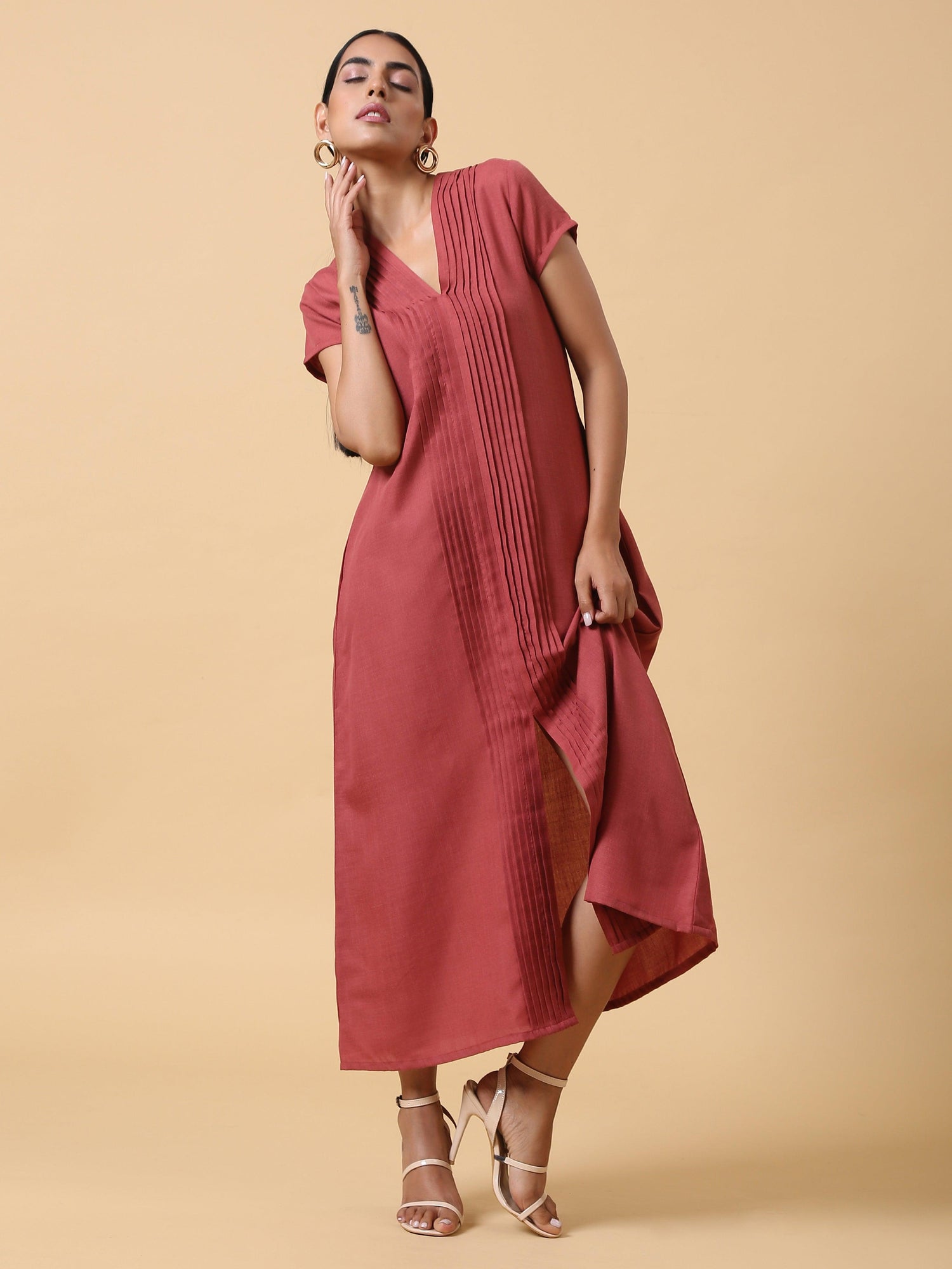 Cotton Linen Rust Red Pleated Dress - trueBrowns