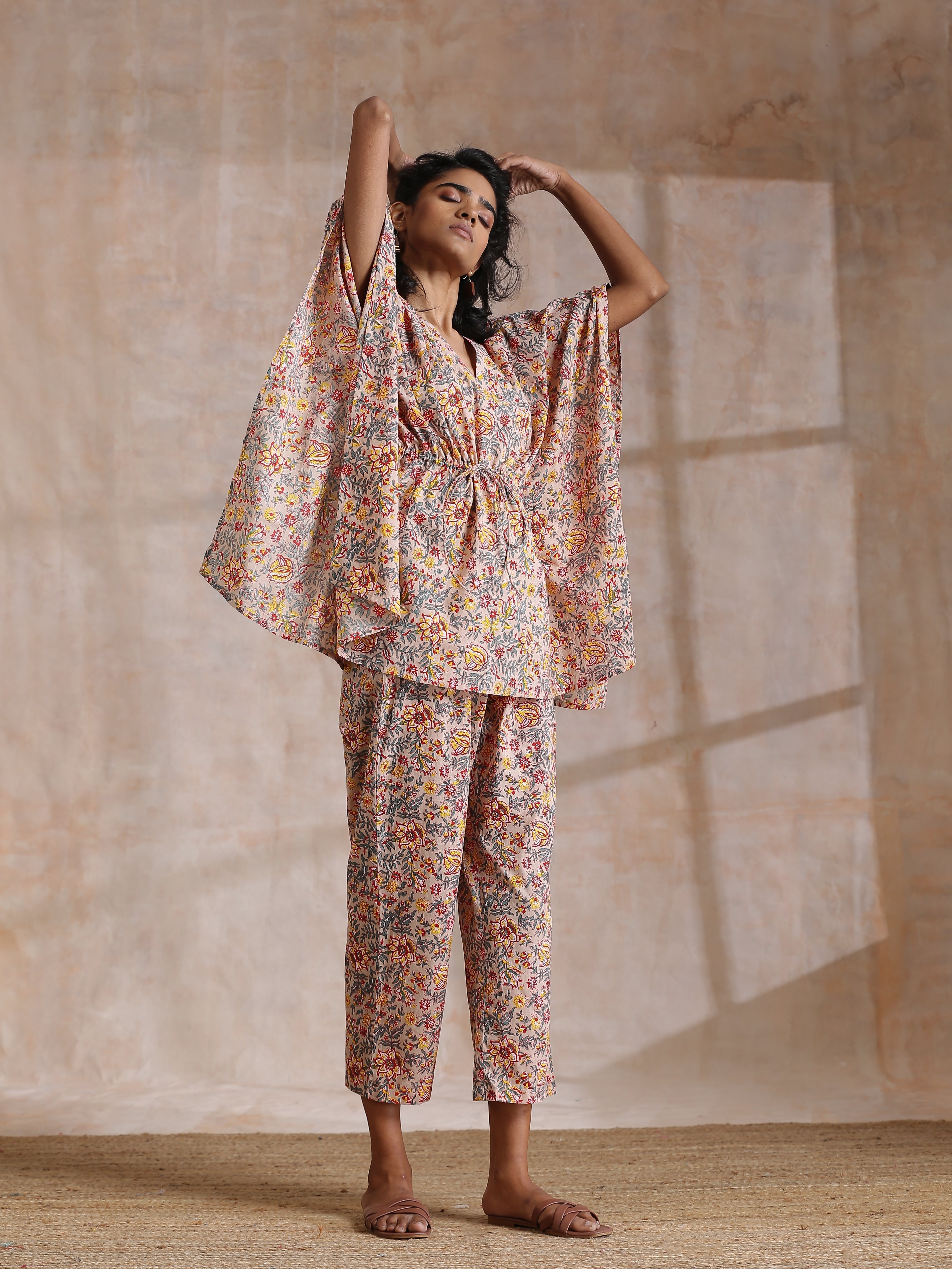 Multicolor Beige Overall Floral Block Print Cotton Kaftan Co-Ord Set