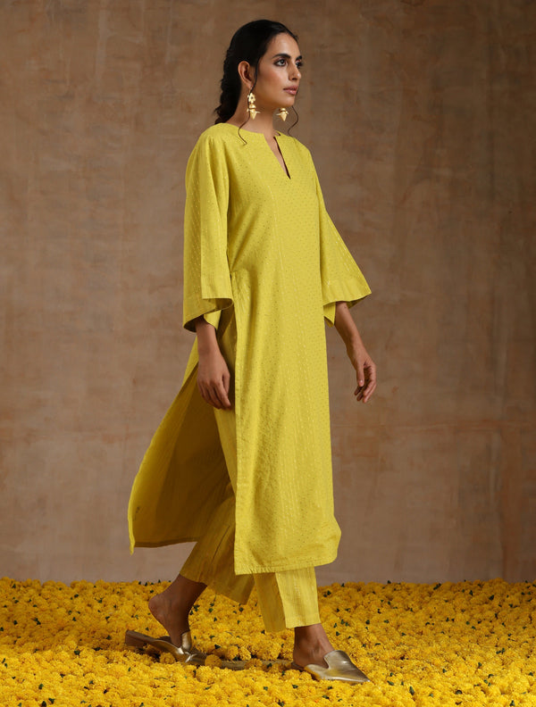 Lime Gold Cotton Relax High Slit Kurta Set