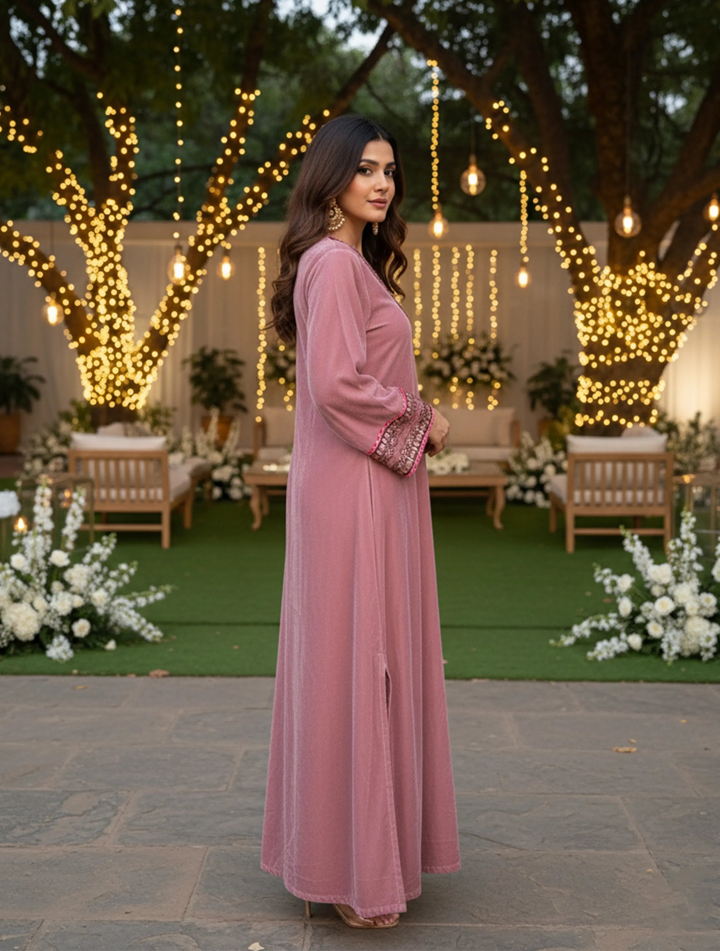 trueBrowns Pink Glass Neck Velvet Dress