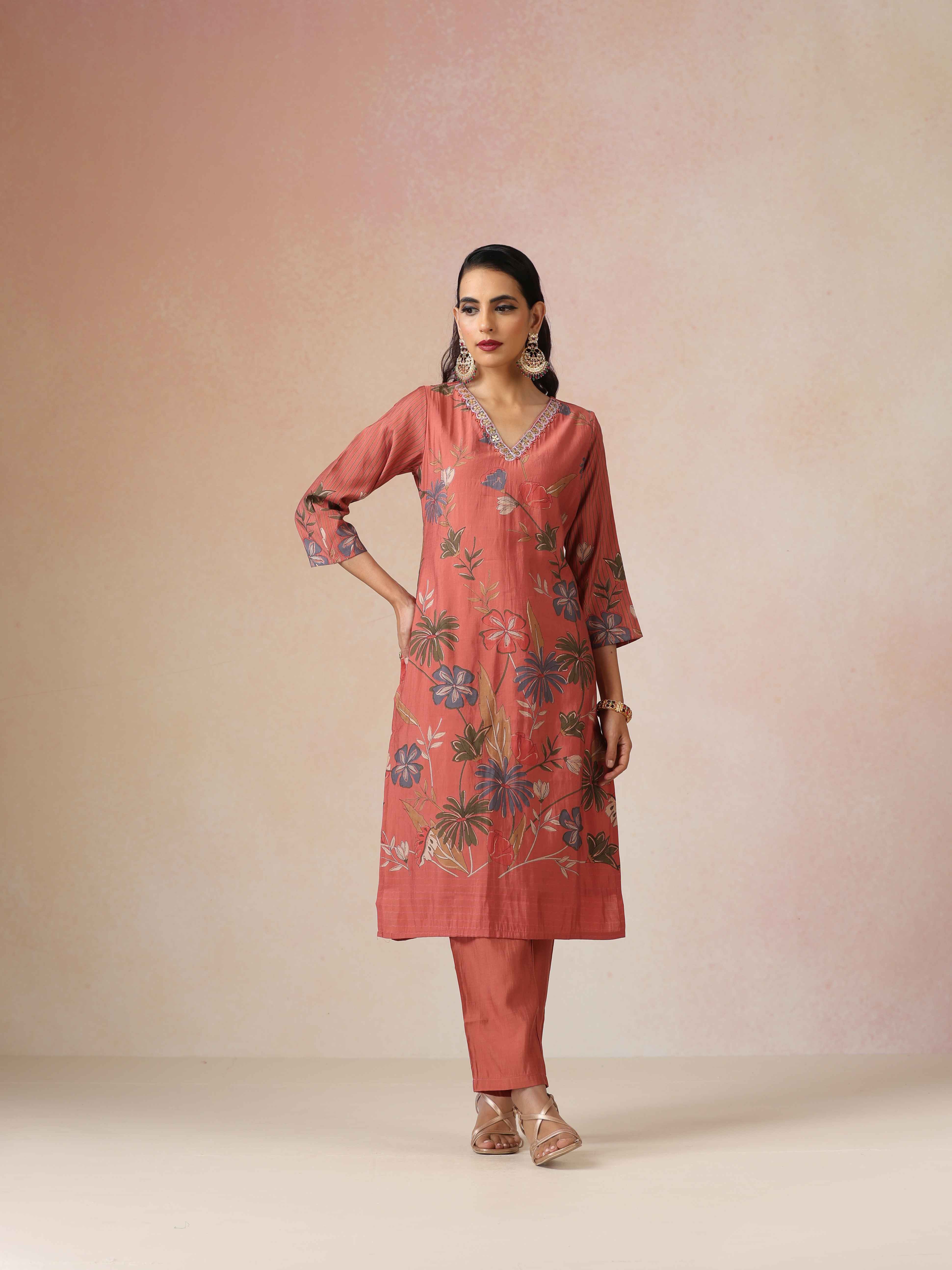 trueBrowns Rust Embroidered Straight Kurta 3pc Set