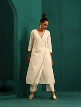trueBrowns Ivory Tonal Embroidered Angrakha Kurta Pant Set