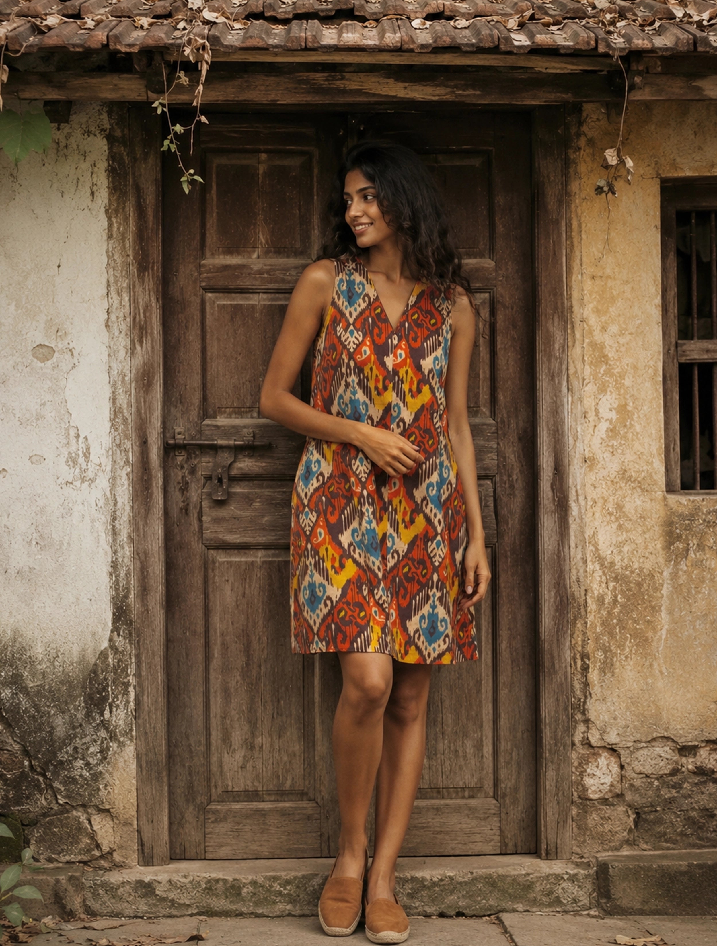 trueBrowns Multicolour Ikat Print Cotton Poplin Sleeveless Short Dress