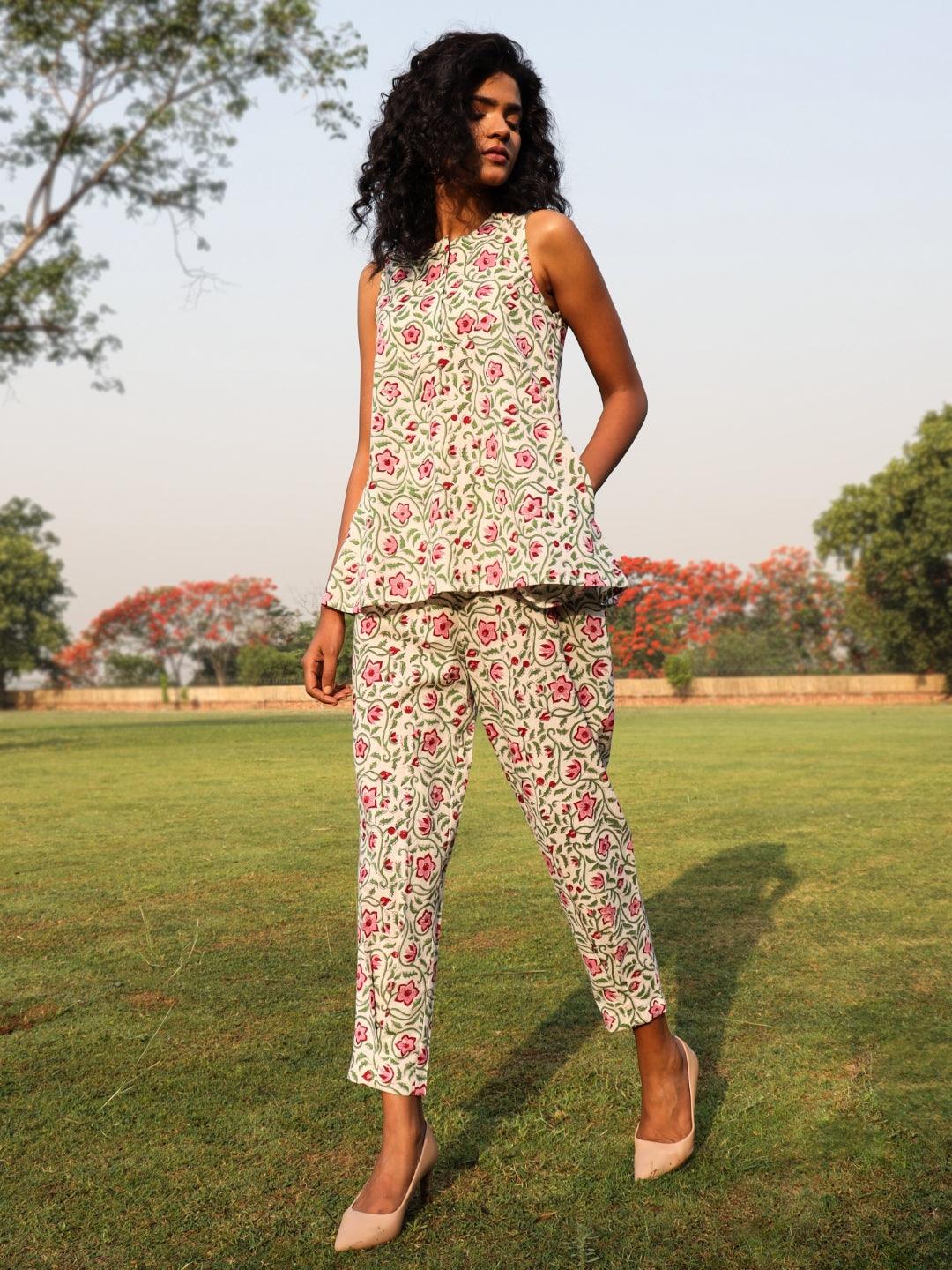 White Cotton Block Print Sleeveless Co-Ord set - trueBrowns