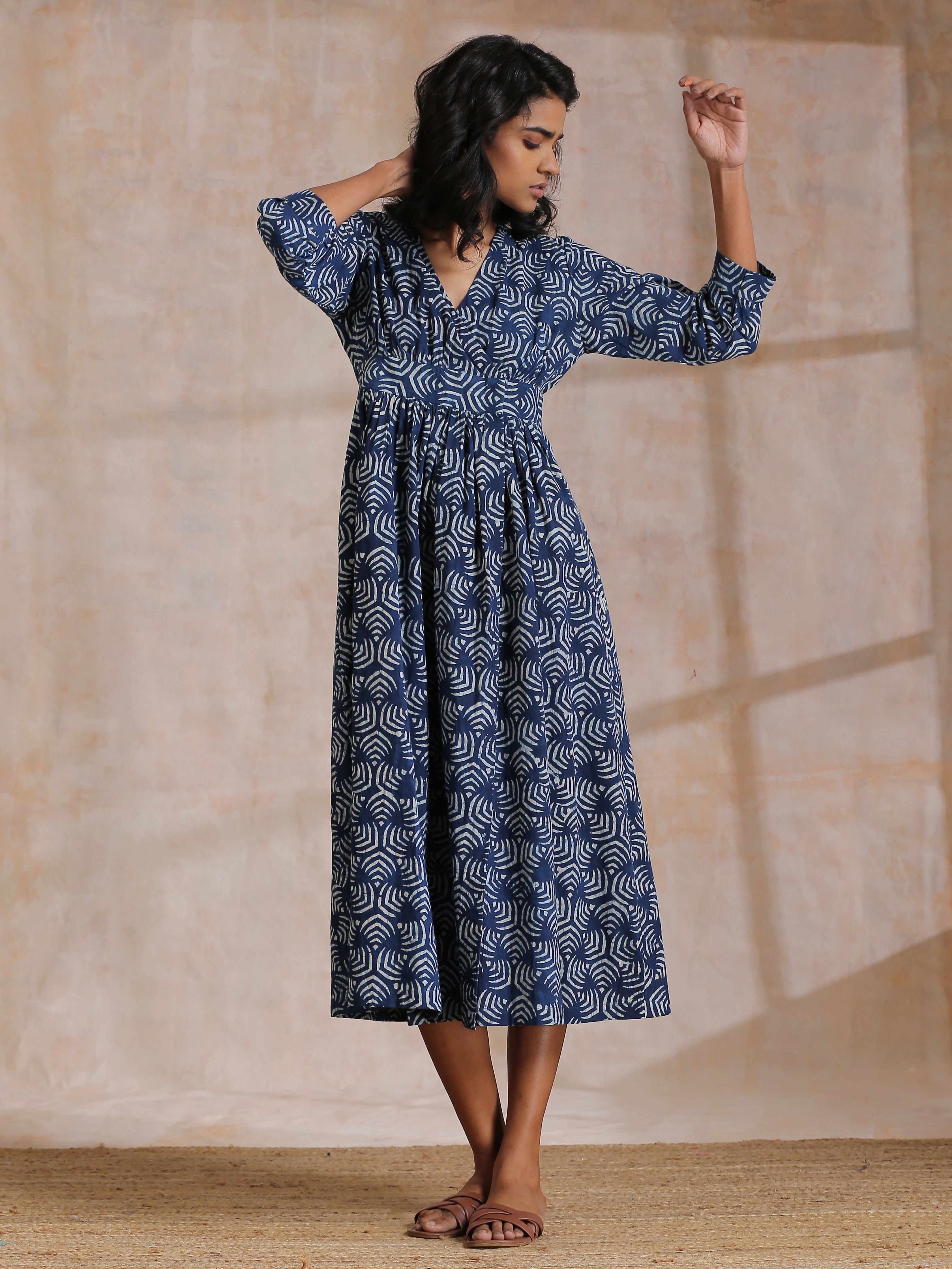 Indigo Dabu Overall Print Cotton Wrap Dress