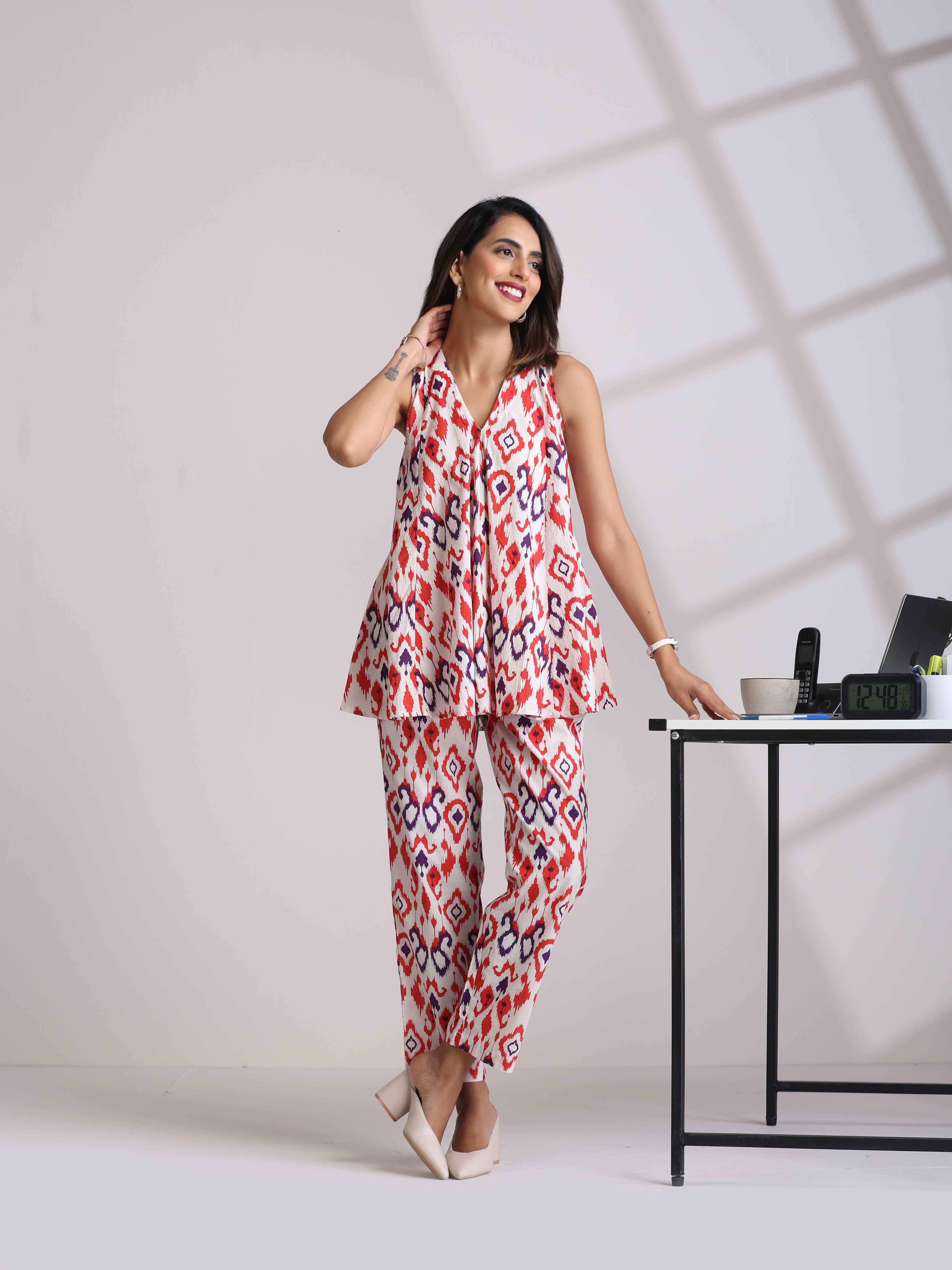 trueBrowns Carrot Cotton Ikat Flared Co-ord Set