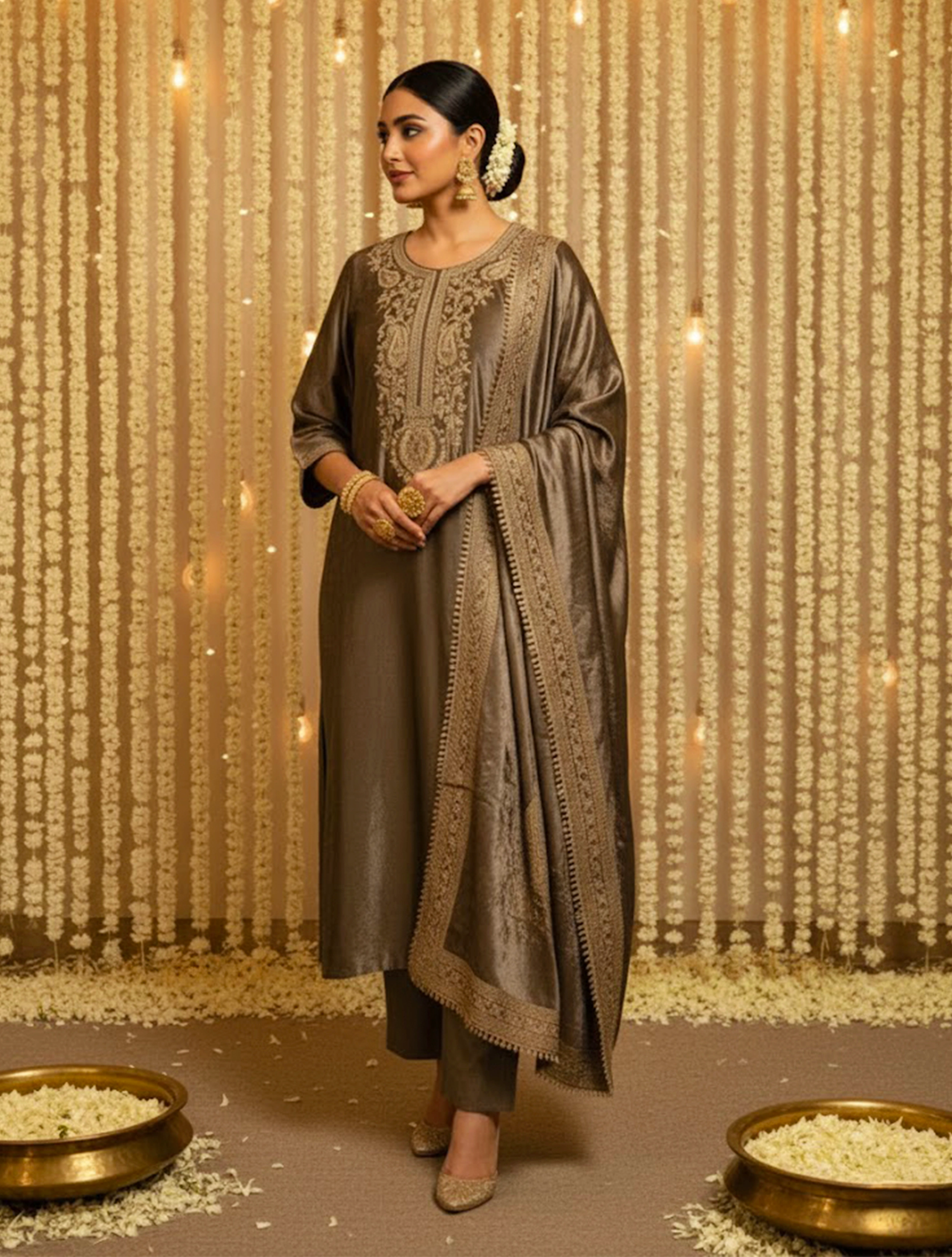 trueBrowns Velvet Grey Gleam Embroidered Kurta Pants Dupatta Set