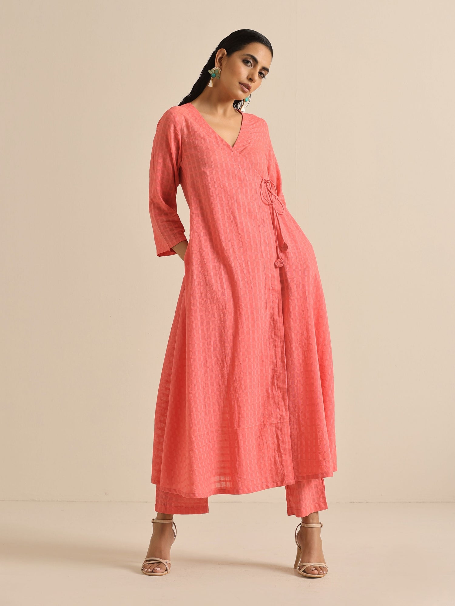 Bright Pink Dobby Angrakha Kurta Pant Set