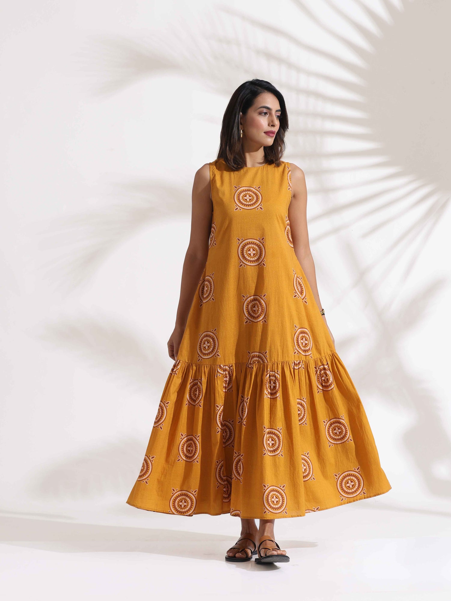 trueBrowns Mustard Cotton Print Tier Dress