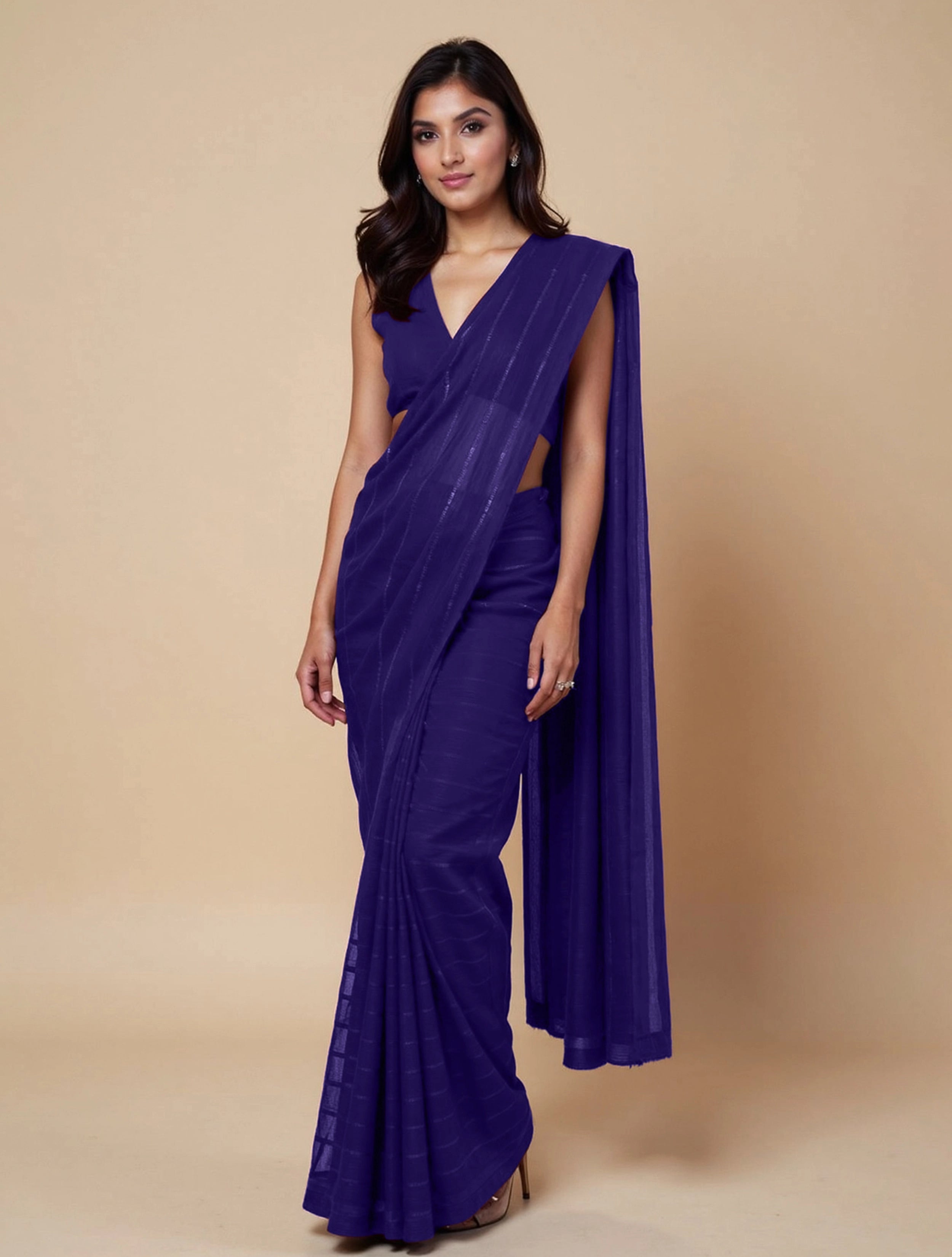 trueBrowns Purple Stripe Saree With Unstitched Blouse