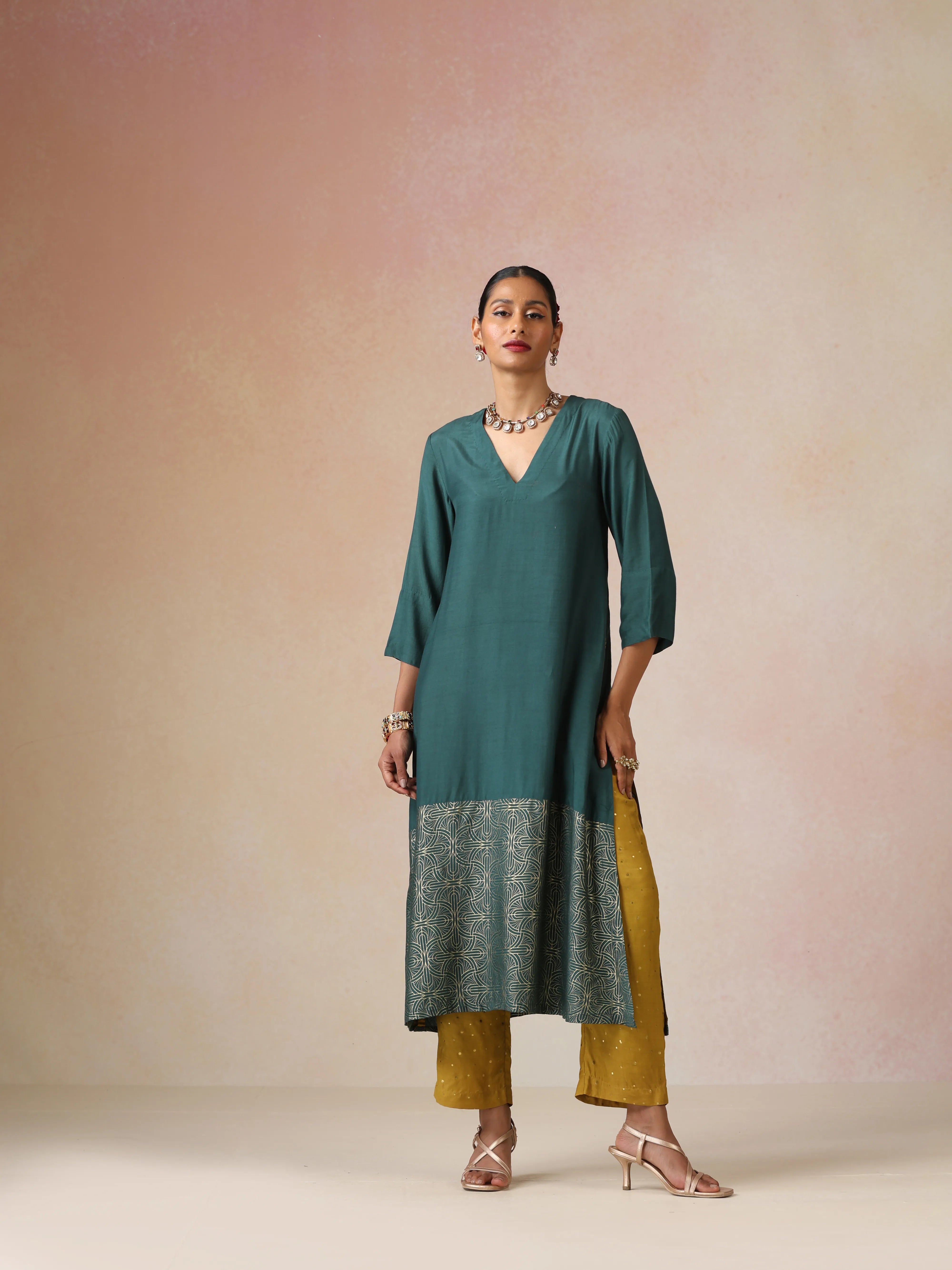 trueBrowns Dark Green Gold Foil Print Muslin Silk Kurta Set