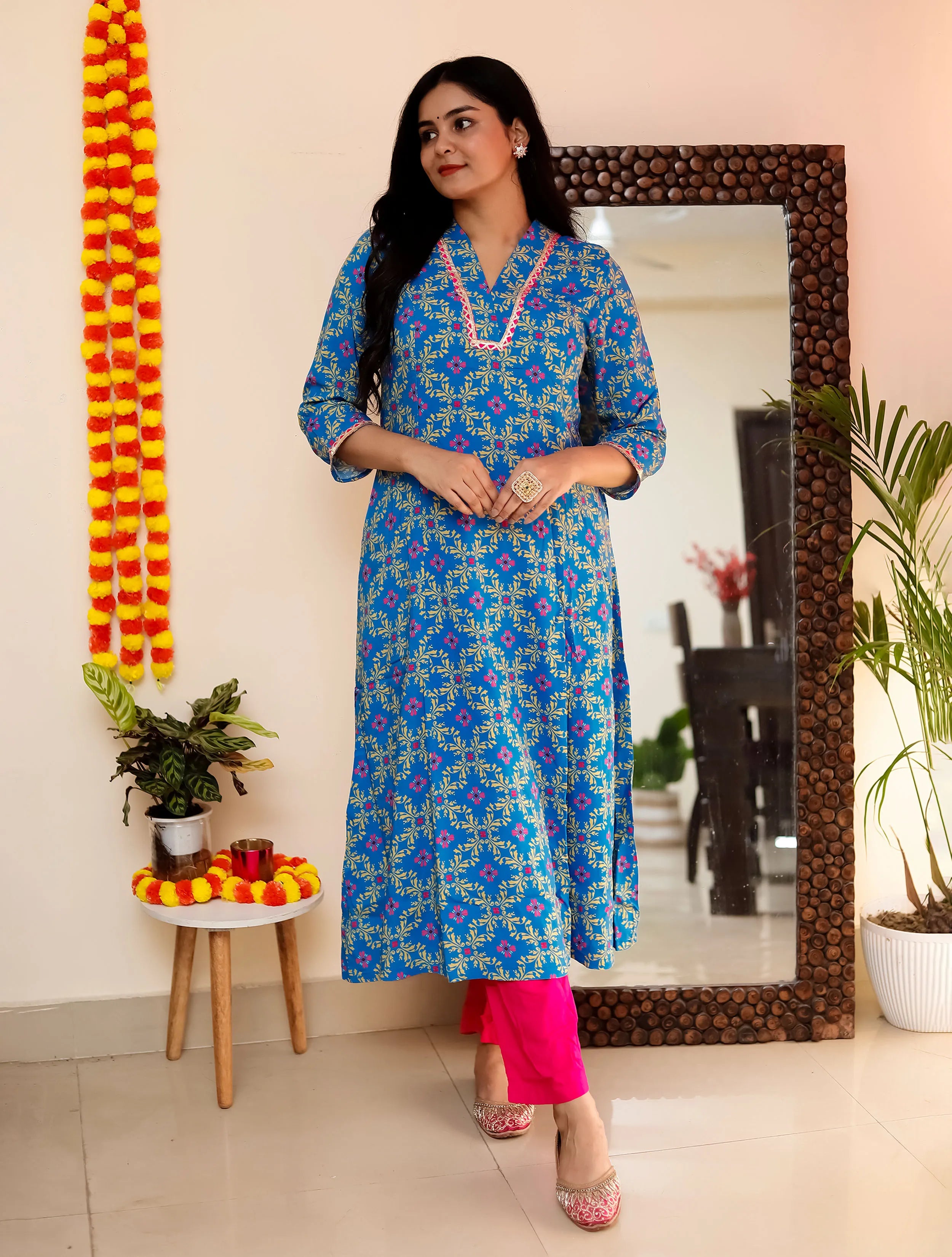 trueBrowns Blue Lime Jaal Print Viscose A-line Kurta Set