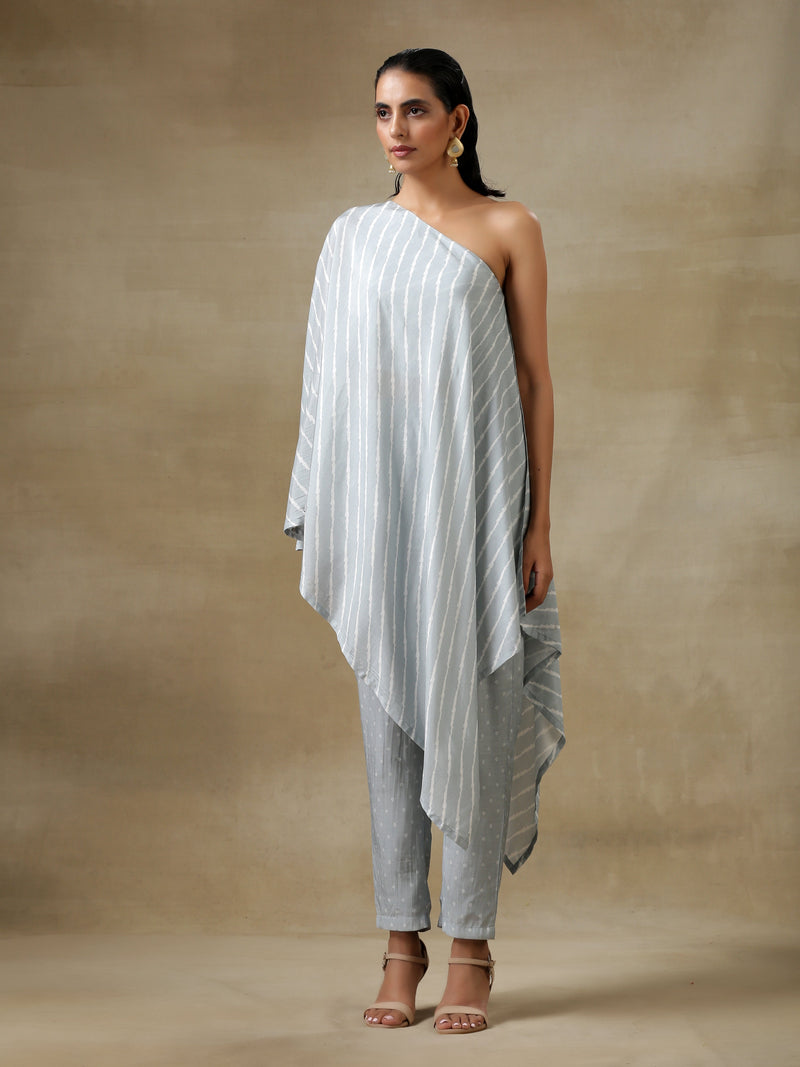 Grey Bandhani Printed Silk One-Shoulder Kurta Pant Set