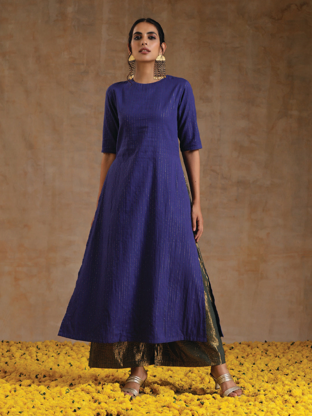 Spectrum Blue Gold Cotton High Slit Kurta Set