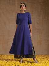 Spectrum Blue Gold Cotton High Slit Kurta Set