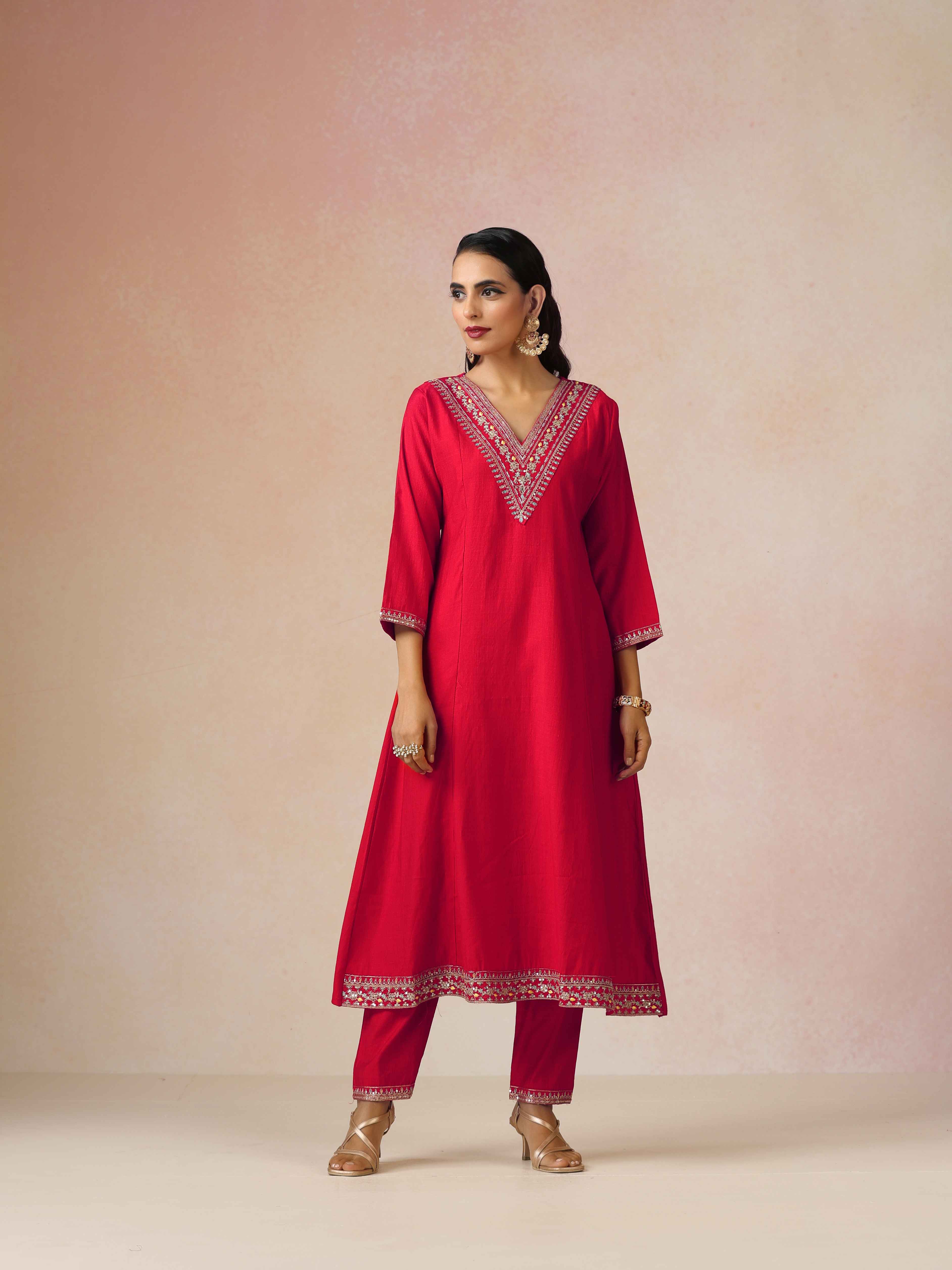 trueBrowns Red Embroidered A-line Kurta 3pc Set
