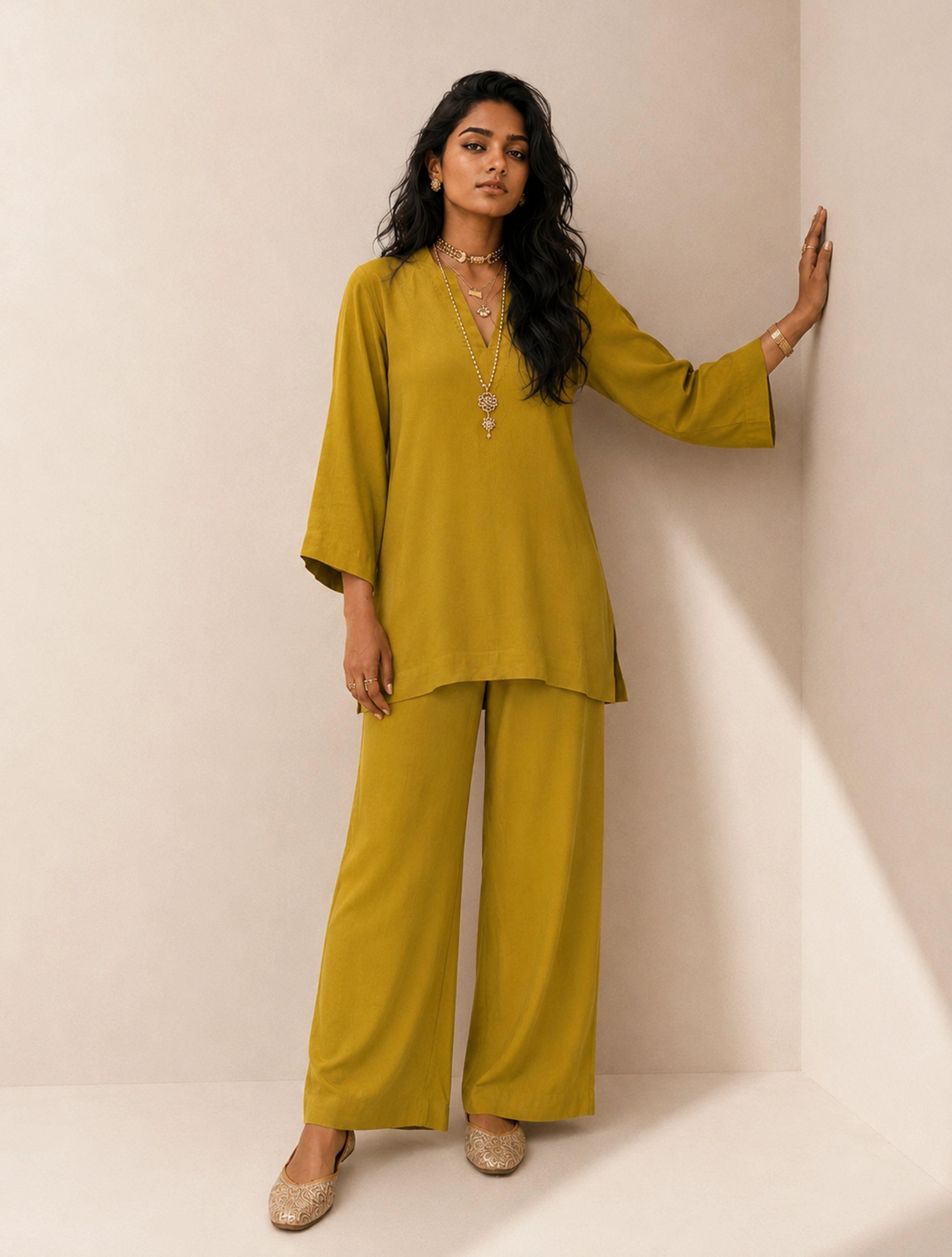 trueBrowns Lime Solid Viscose Co-Ord Set