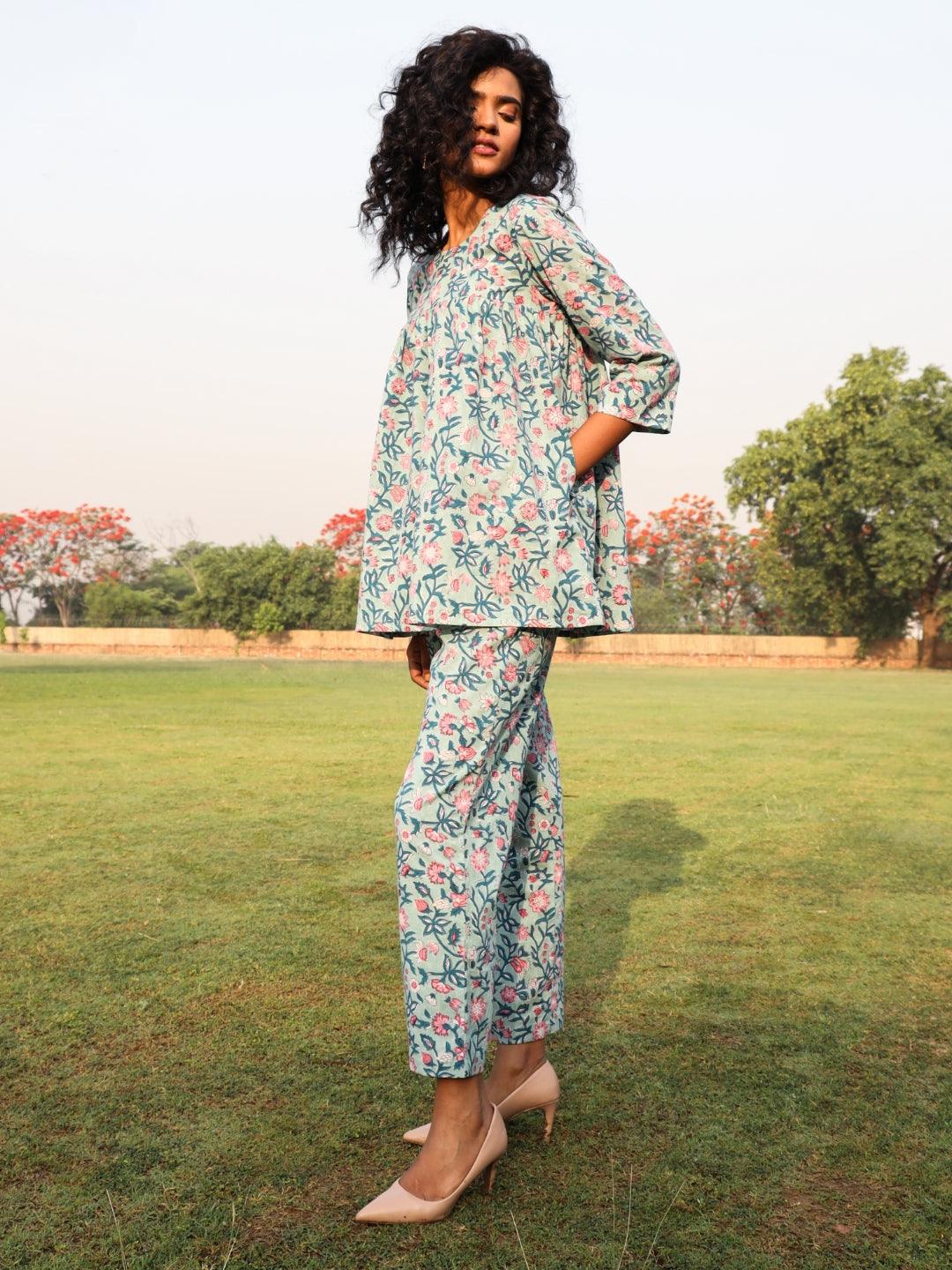 Eggshell Blue Cotton Block Print Gathered Co-Ord Set - trueBrowns