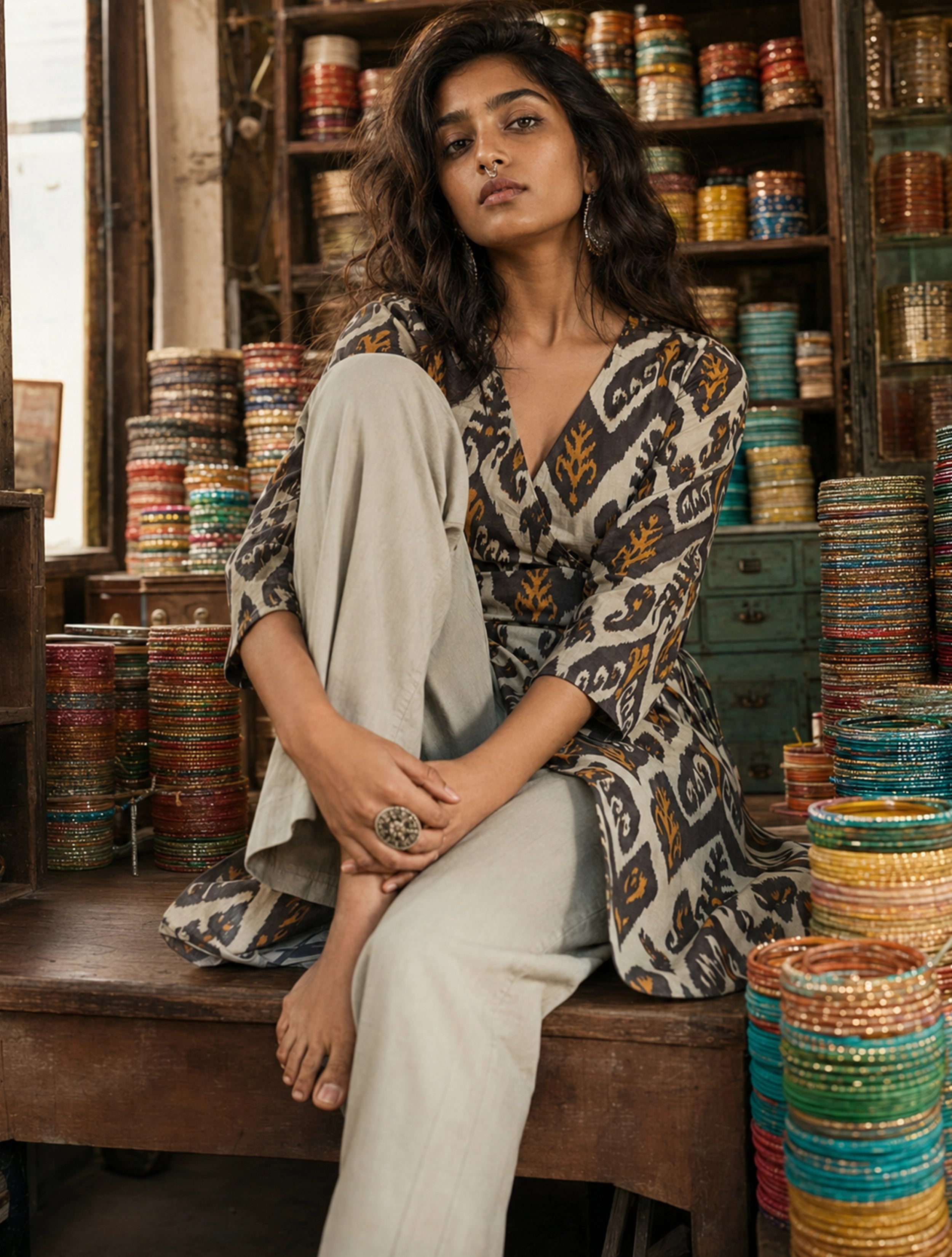 trueBrowns Mint Green Ikat Print Cotton Angrakha Kurta Set
