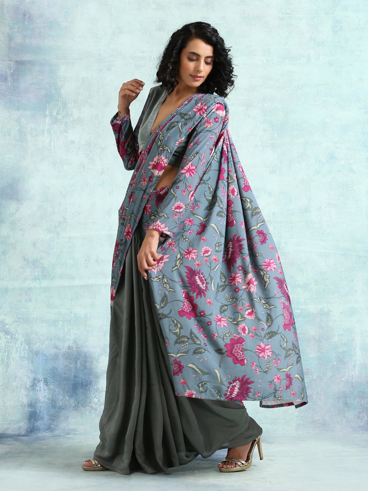 Grey Printed Velvet Ready To Wear Saree