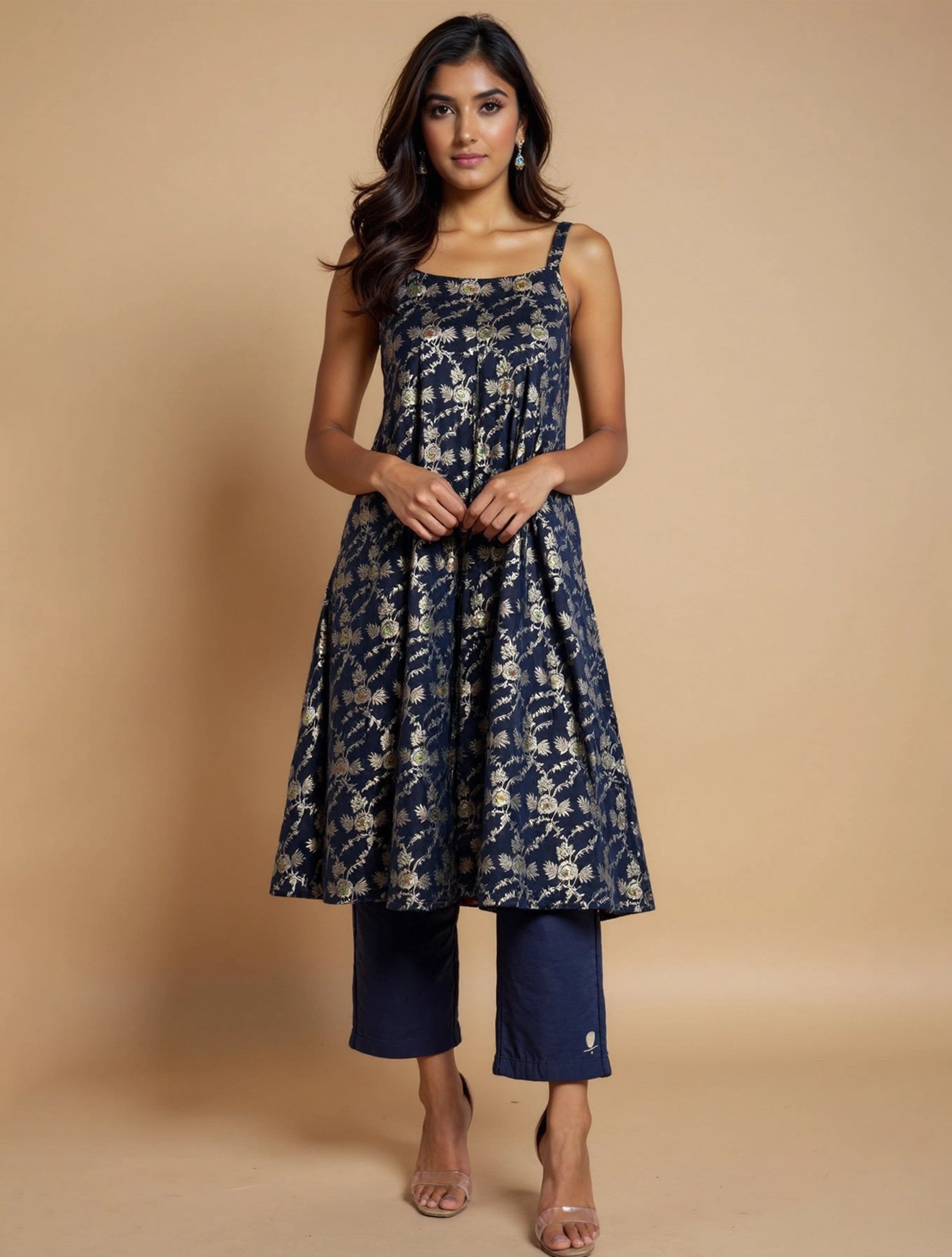 trueBrowns Blue Brocade Straight High-Slit Kurta Co-ord Set